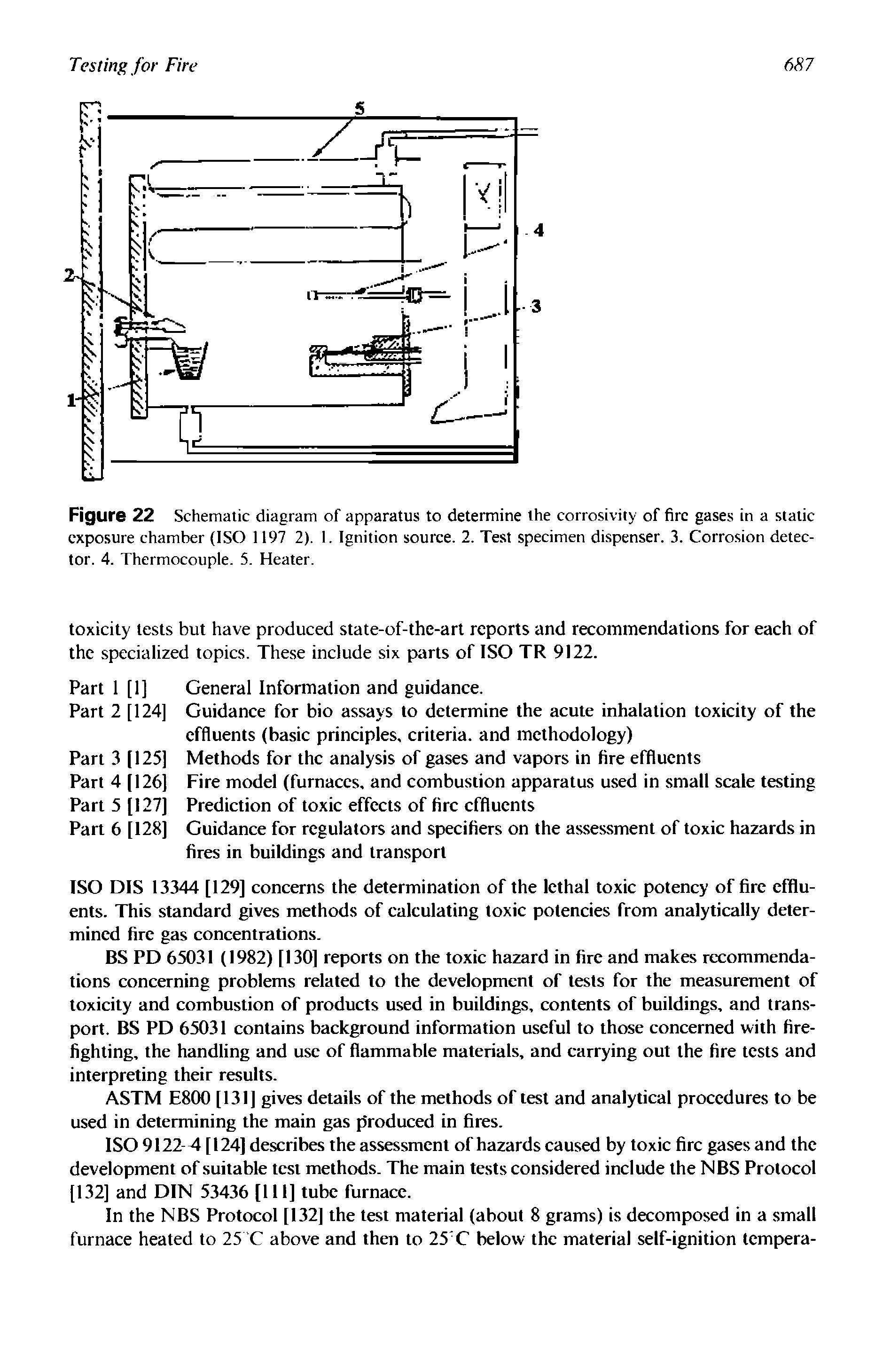 Figure 22 Schematic diagram of apparatus to determine the corrosivity of fire gases in a static exposure chamber (ISO 1197 2). 1. Ignition source. 2. Test specimen dispenser. 3. Corrosion detector. 4. Thermocouple. 5. Heater.