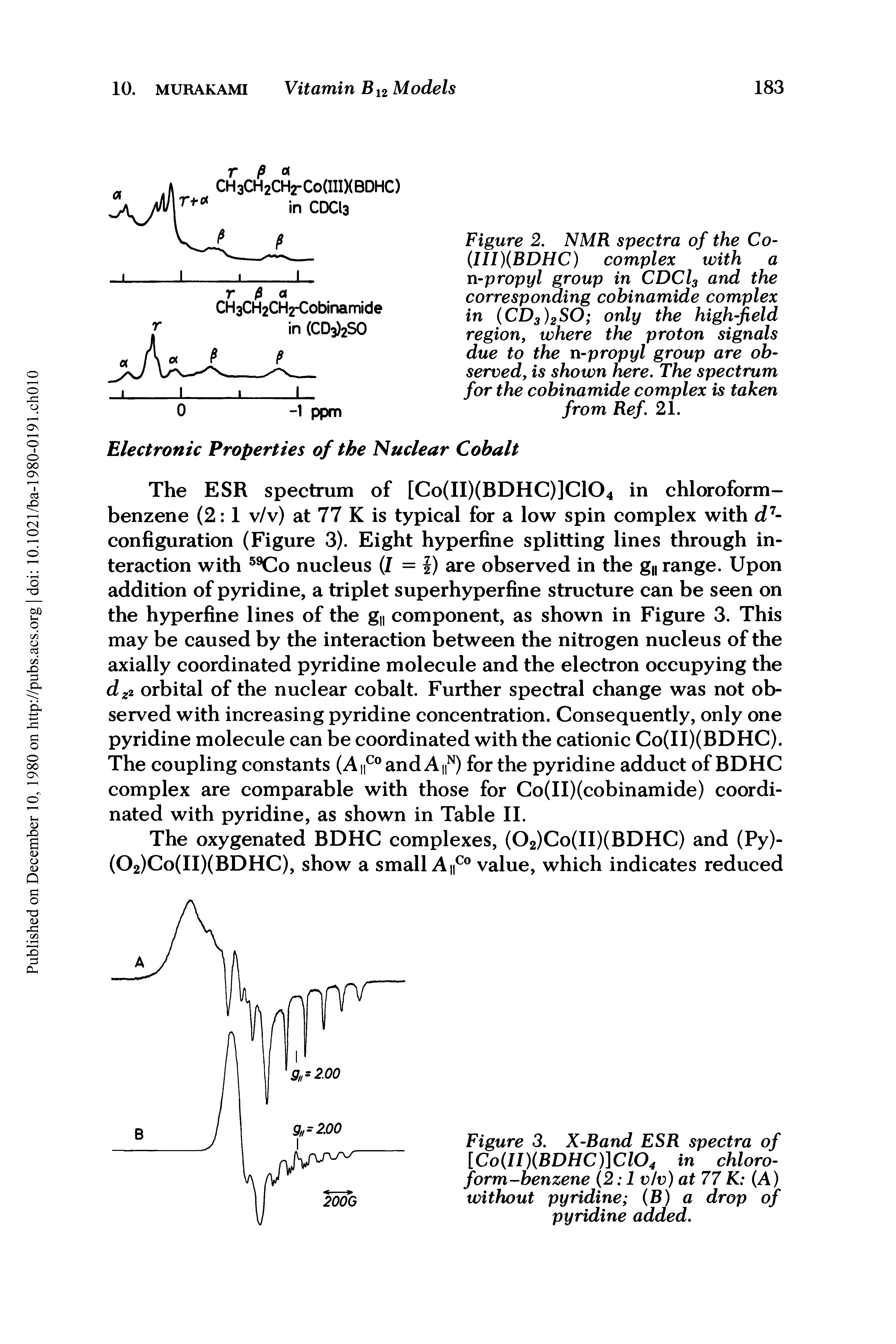 Figure 2. NMR spectra of the Co-(III)(BDHC) complex with a n-propyl group in CDCl3 and the corresponding cobinamide complex in (CD3)2SO only the high-field region, where the proton signals due to the n-propyl group are observed, is shown here. The spectrum for the cobinamide complex is taken...