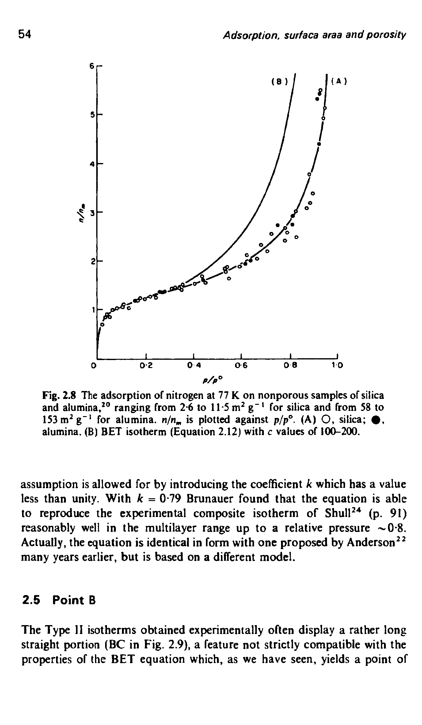 Fig. 2.8 The adsorption of nitrogen at 77 K on nonporous samples of silica and alumina, ranging from 2-6 to 11-5 m g for silica and from 58 to 153m g for alumina. n/n is plotted against pjp°. (A) O, silica , alumina. (B) BET isotherm (Equation 2.12) with c values of 100-2(X).
