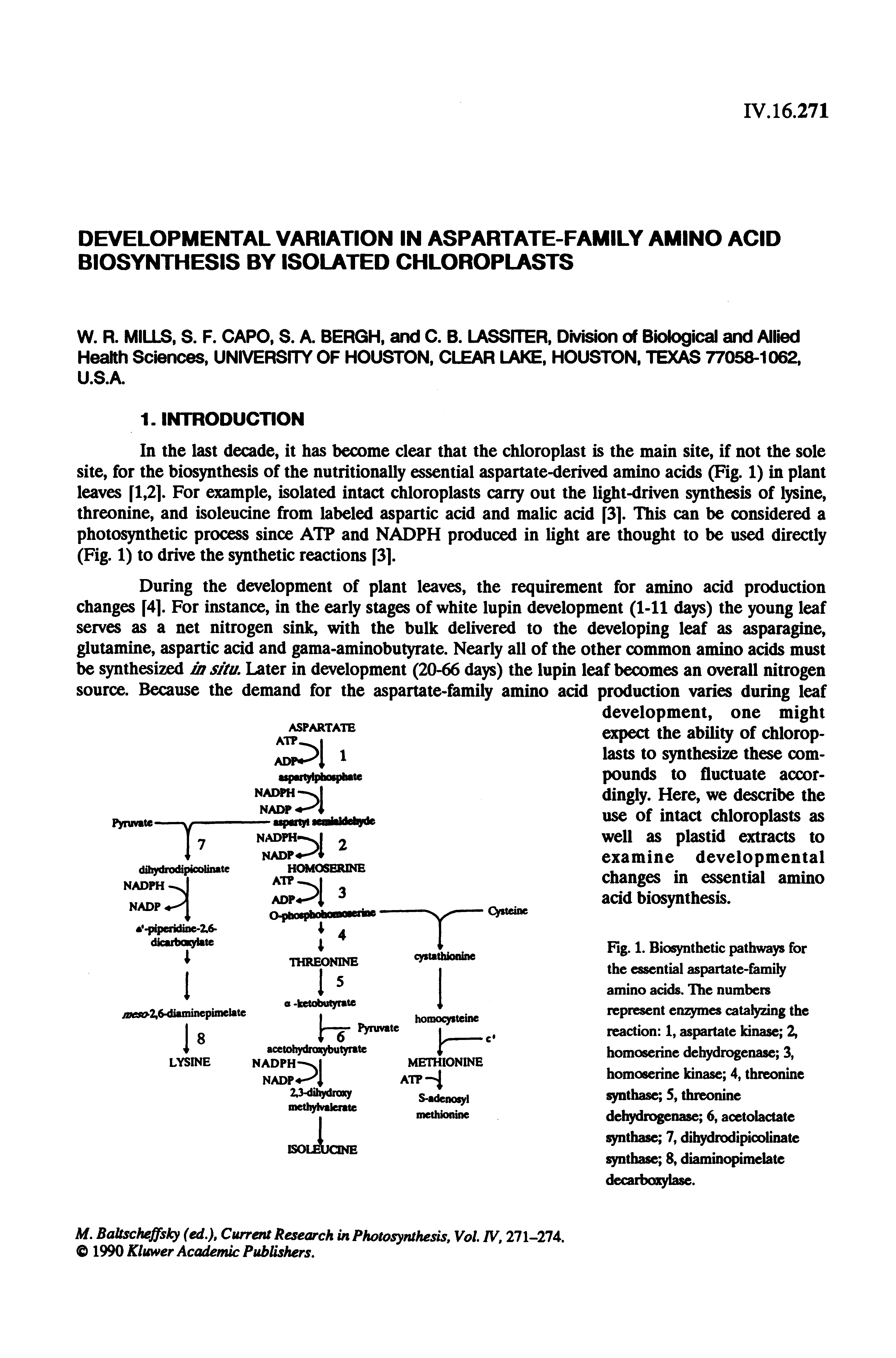 Fig. 1. Bio thetic pathways for the essential aspartate-family amino adds. The numbers represent enzymes catalyzing the reaction 1, aspartate kinase 2, homoserine dehydrogenase 3, homoserine kinase 4, threonine thase 5, threonine dehydrogenase 6, acetolactate thase 7, dihydrodipicolinate thase 8, diaminopimelate decarboiylase.