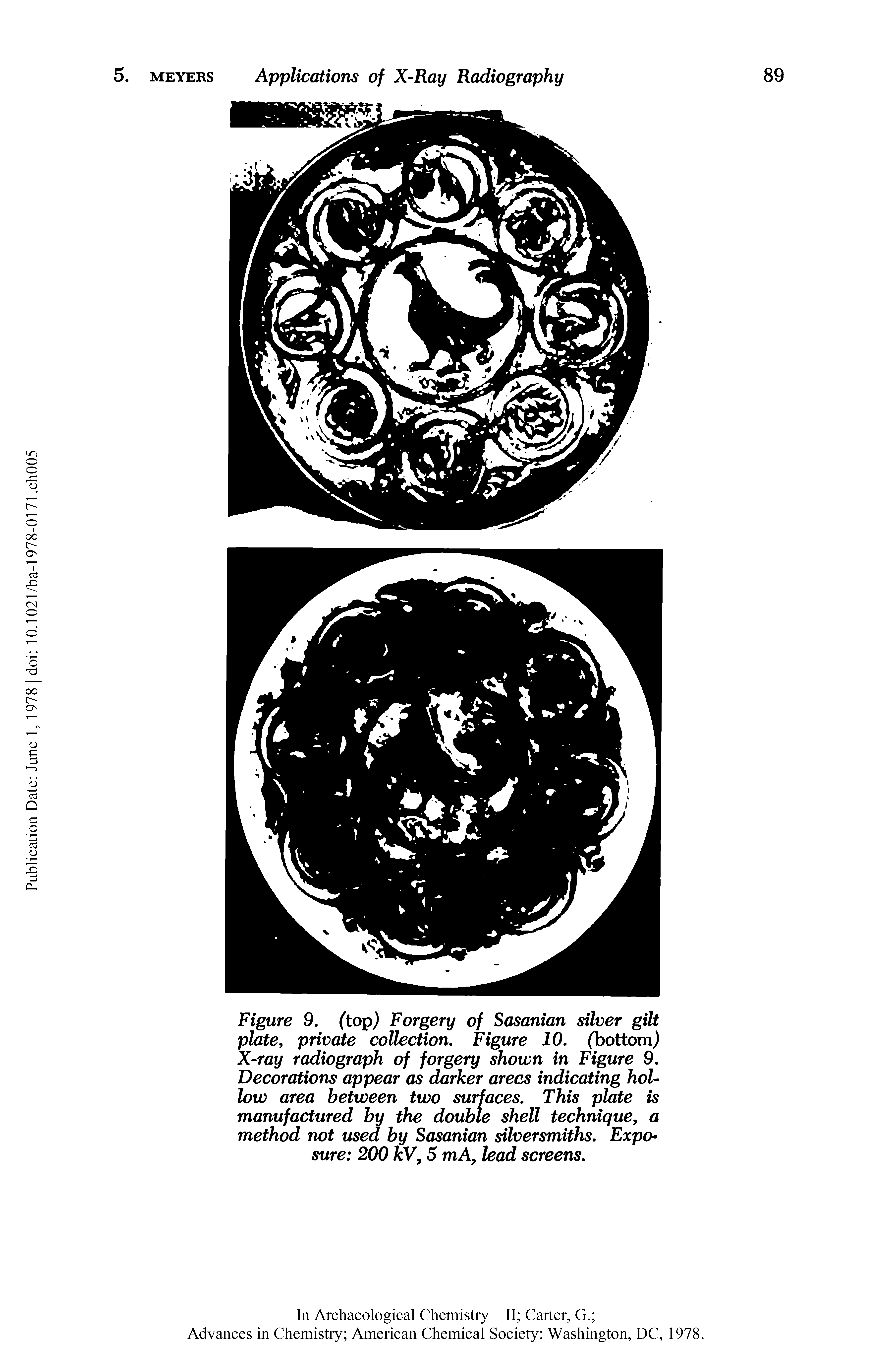 Figure 9. (top) Forgery of Sasanian silver gilt plate, private collection. Figure 10. (Tjottomj X-ray radiograph of forgery shown in Figure 9. Decorations appear as darker areas indicating hollow area between two surfaces. This plate is manufactured by the double shell technique, a method not used by Sasanian silversmiths. Exposure 200 kV, 5 mA, lead screens.