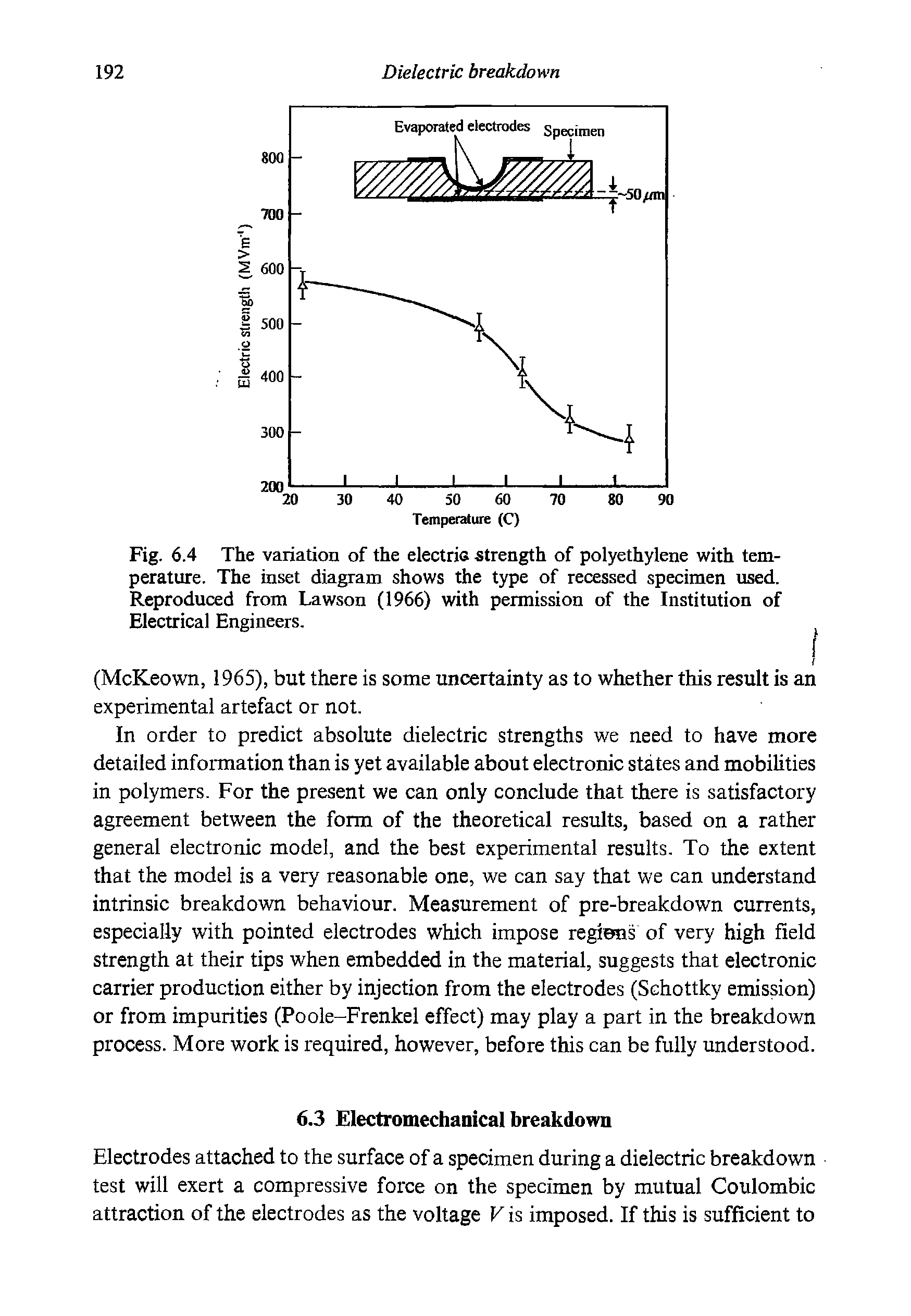 Fig. 6.4 The variation of the electriG strength of polyethylene with temperature. The inset diagram shows the type of recessed specimen used. Reproduced from Lawson (1966) with permission of the Institution of Electrical Engineers.