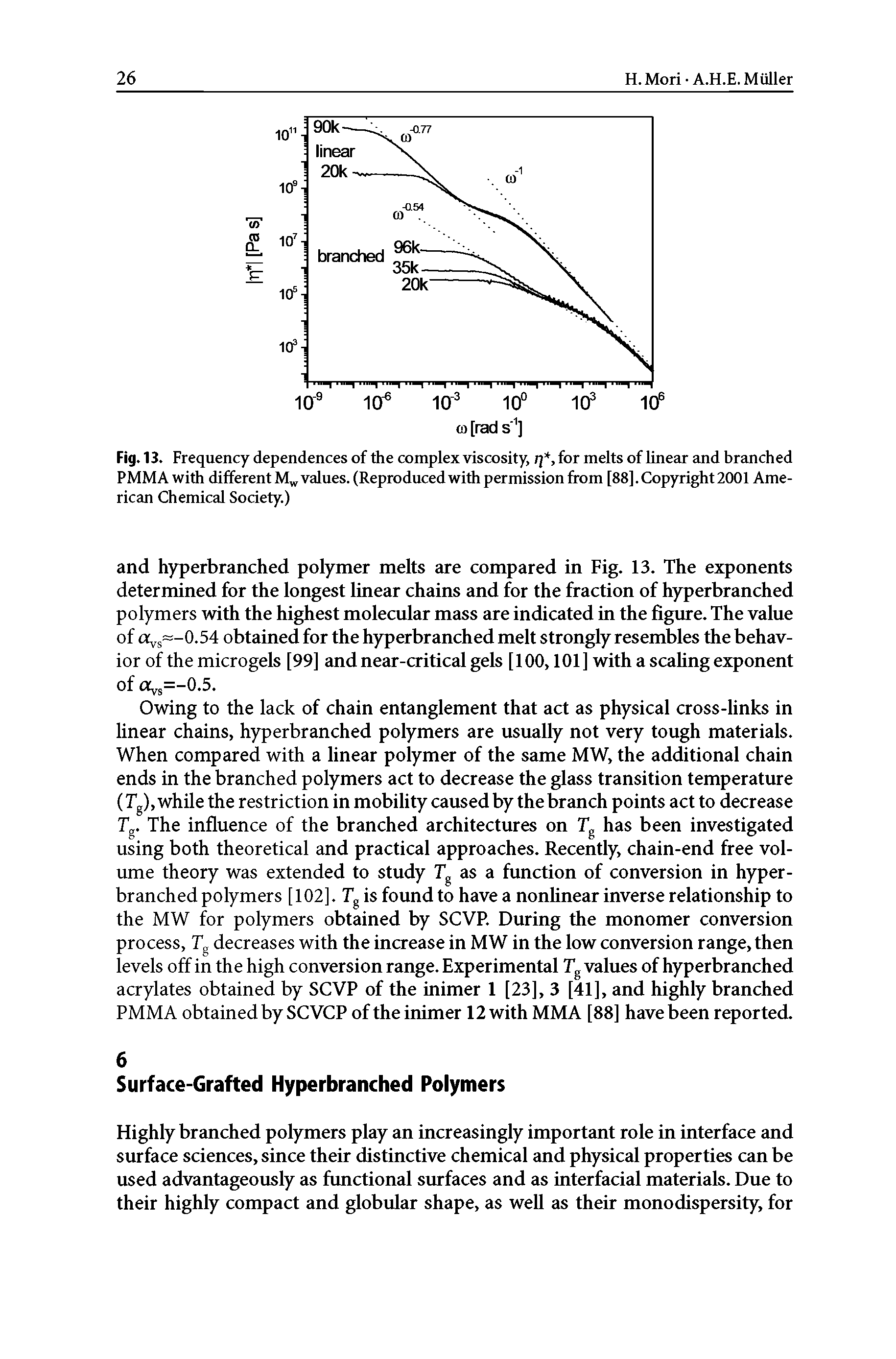 Fig. 13. Frequency dependences of the complex viscosity, q, for melts of linear and branched PMM A with different M values. (Reproduced with permission from [88]. Copyright 2001 American Chemical Society.)...