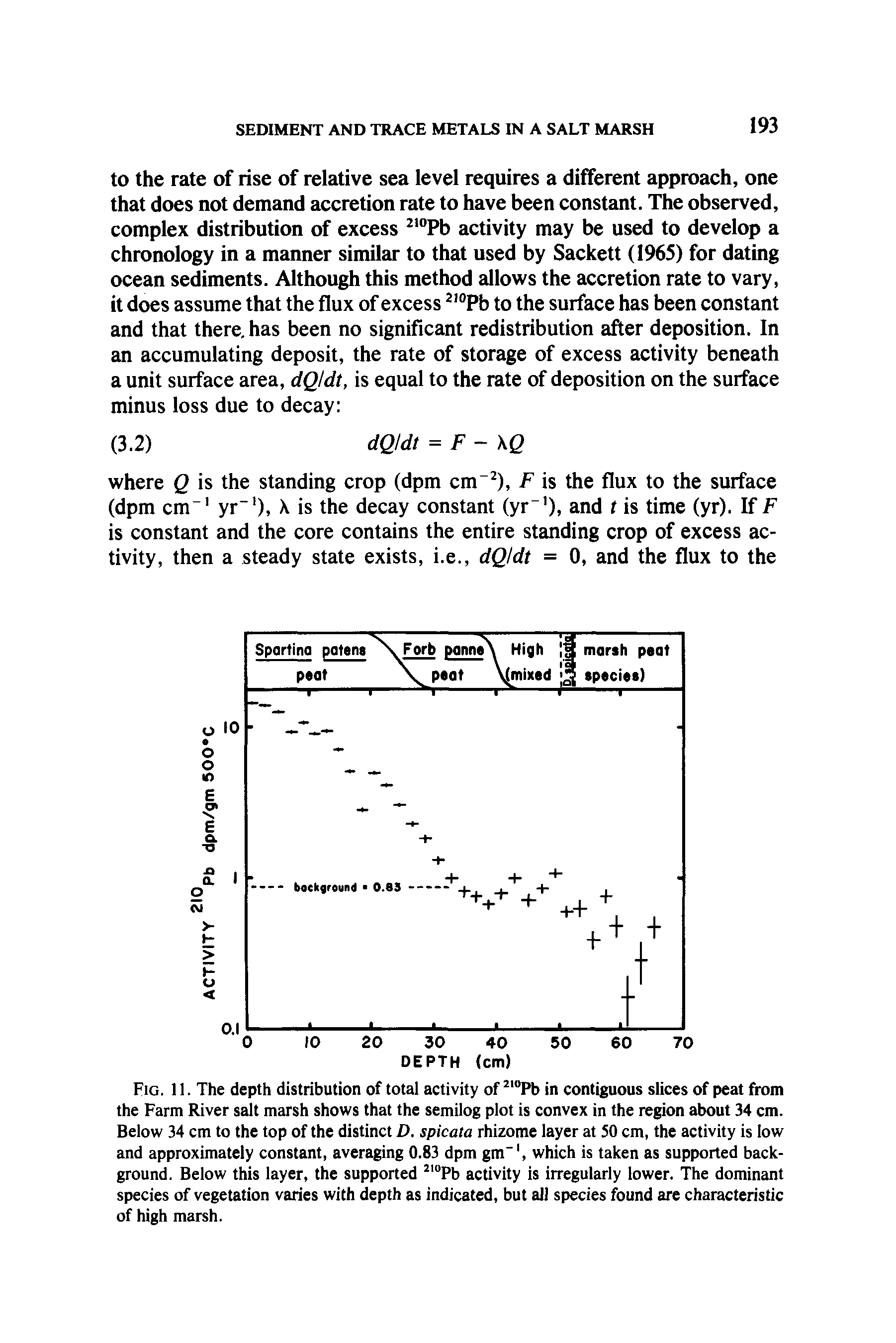 Fig. 11. The depth distribution of total activity of Pb in contiguous slices of peat from the Farm River salt marsh shows that the semilog plot is convex in the region about 34 cm. Below 34 cm to the top of the distinct D. spicata rhizome layer at 50 cm, the activity is low and approximately constant, averaging 0.83 dpm gm , which is taken as supported background. Below this layer, the supported Pb activity is irregularly lower. The dominant species of vegetation varies with depth as indicated, but all species found are characteristic of high marsh.