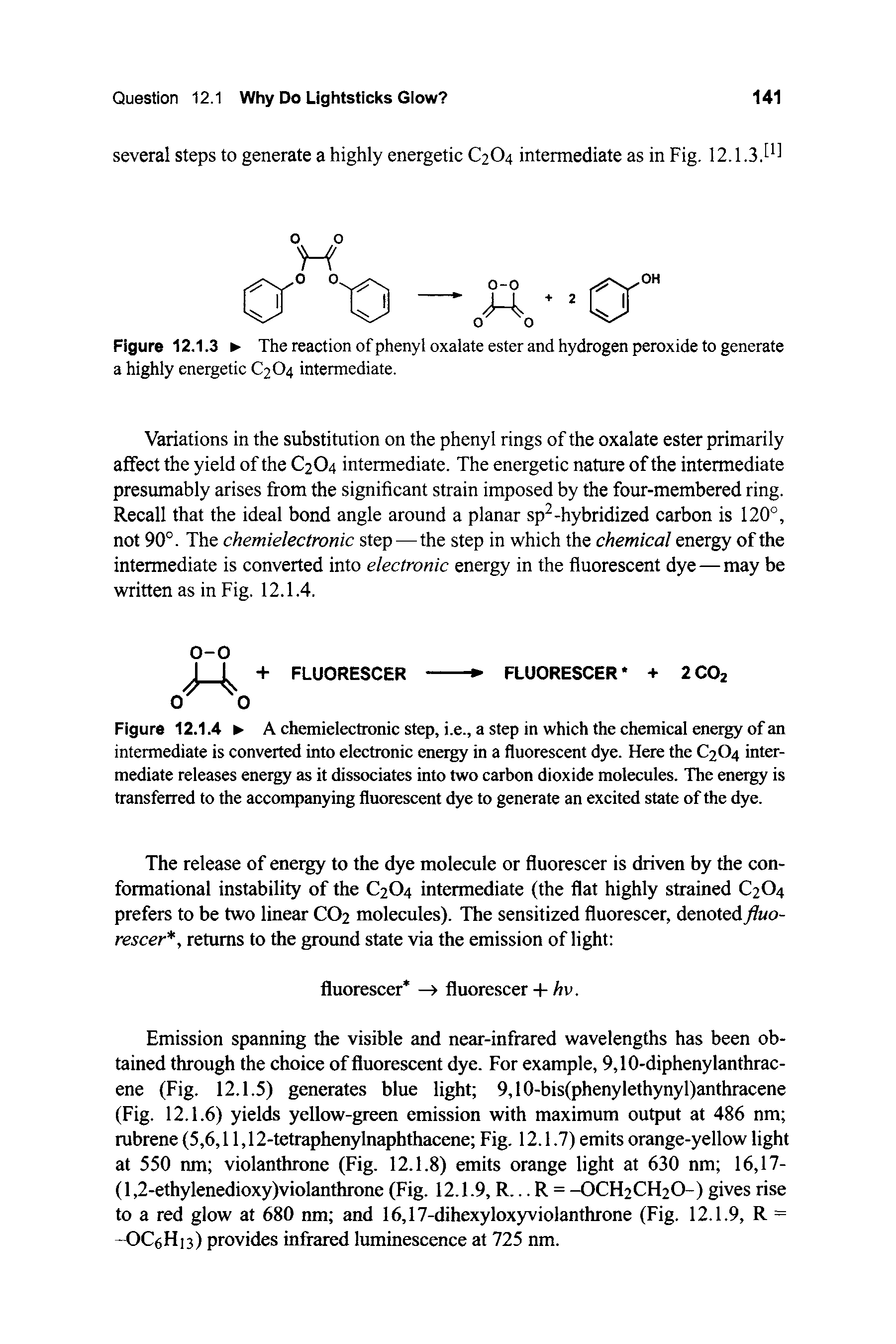 Figure 12.1.3 The reaction of phenyl oxalate ester and hydrogen peroxide to generate a highly energetic C2O4 intermediate.