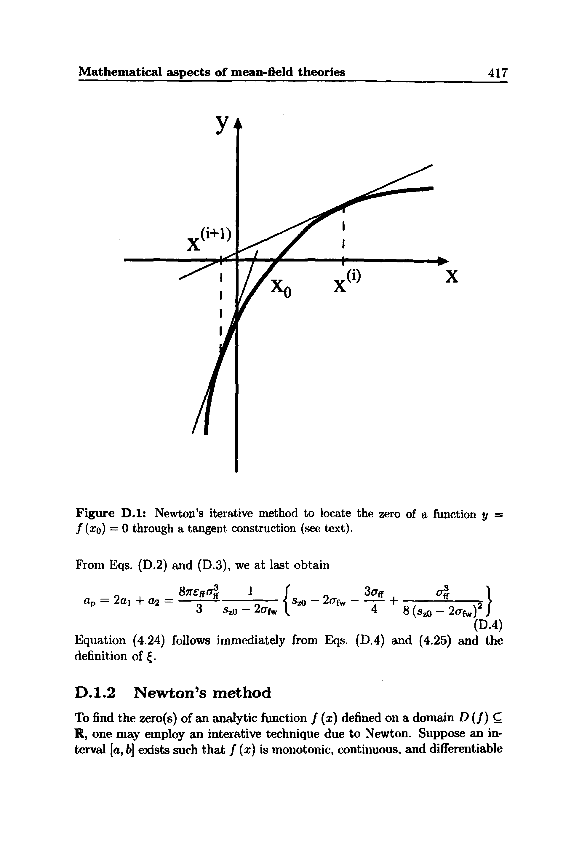 Figure D.l Newton s iterative method to locate the zero of a function y = / (lo) = 0 through a tangent construction (see text).