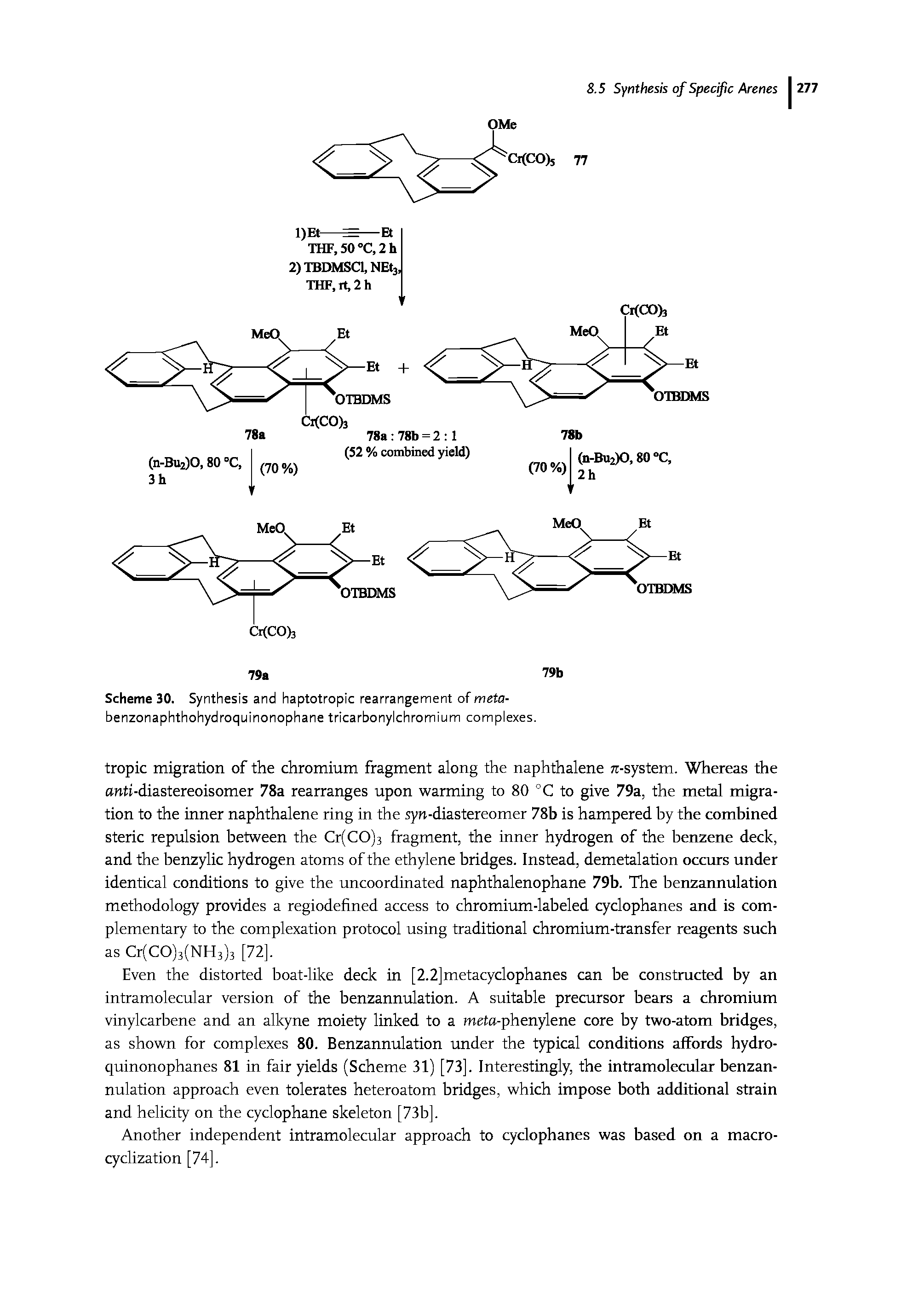 Scheme 30. Synthesis and haptotropic rearrangement of meta-benzonaphthohydroquinonophane tricarbonylchromium complexes.