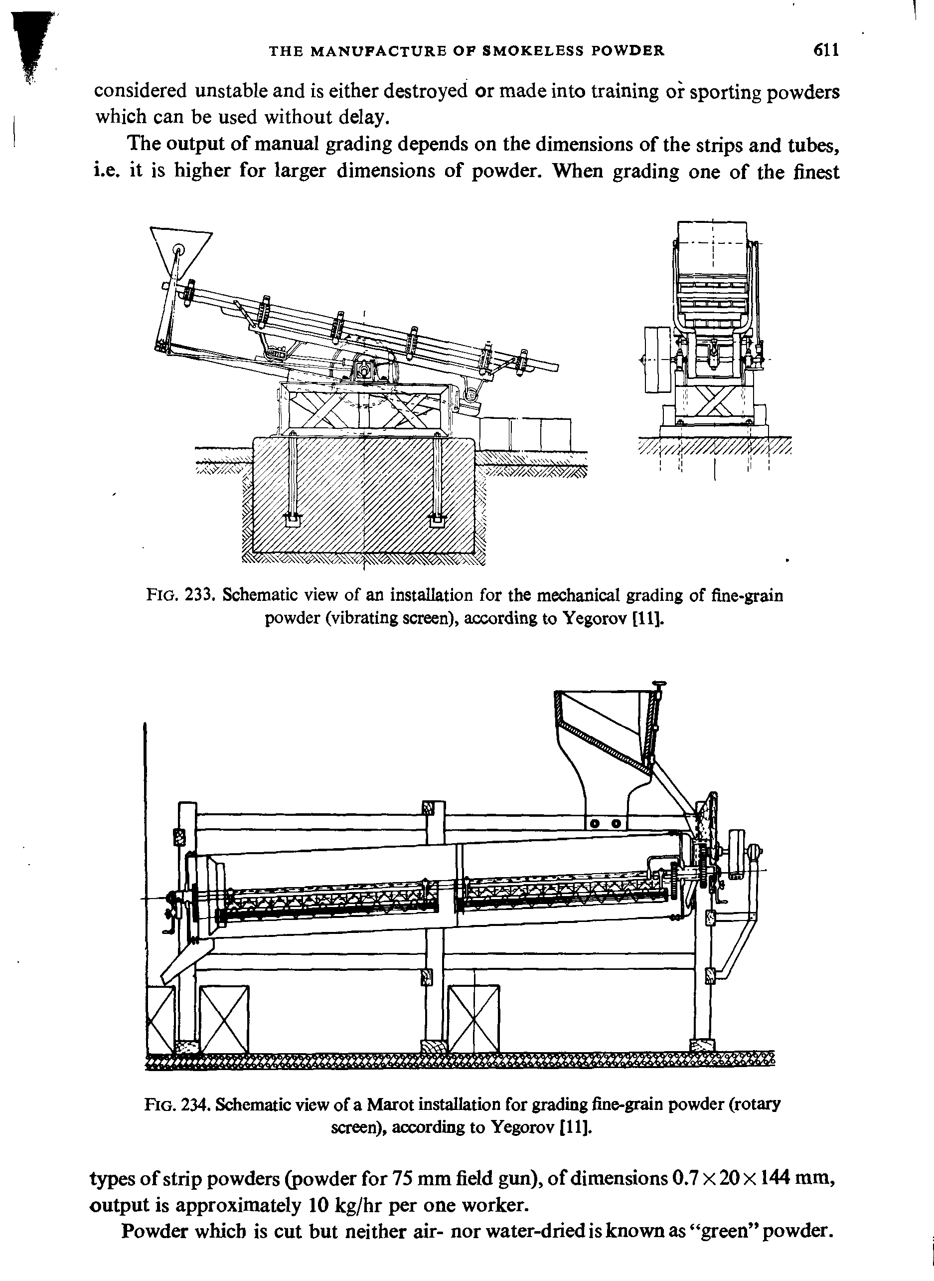 Fig. 233. Schematic view of an installation for the mechanical grading of fine-grain powder (vibrating screen), according to Yegorov [11].