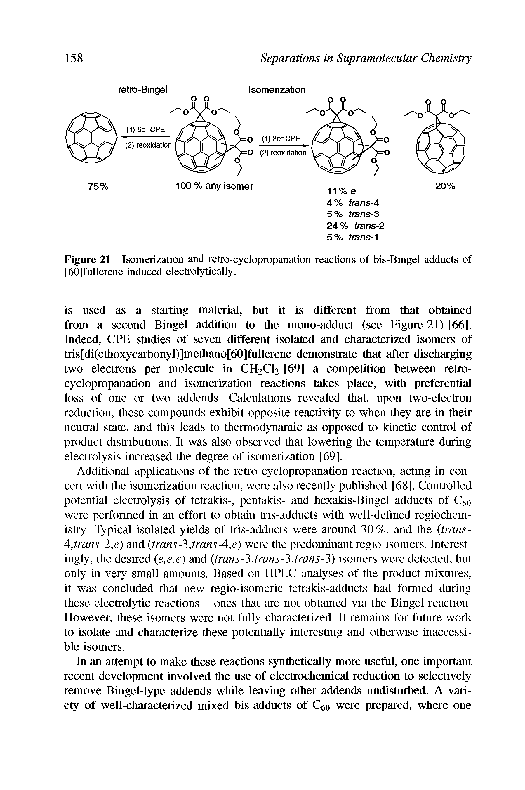 Figure 21 Isomerization and retro-cyclopropanation reactions of bis-Bingel adducts of [60]fullerene induced electrolytically.