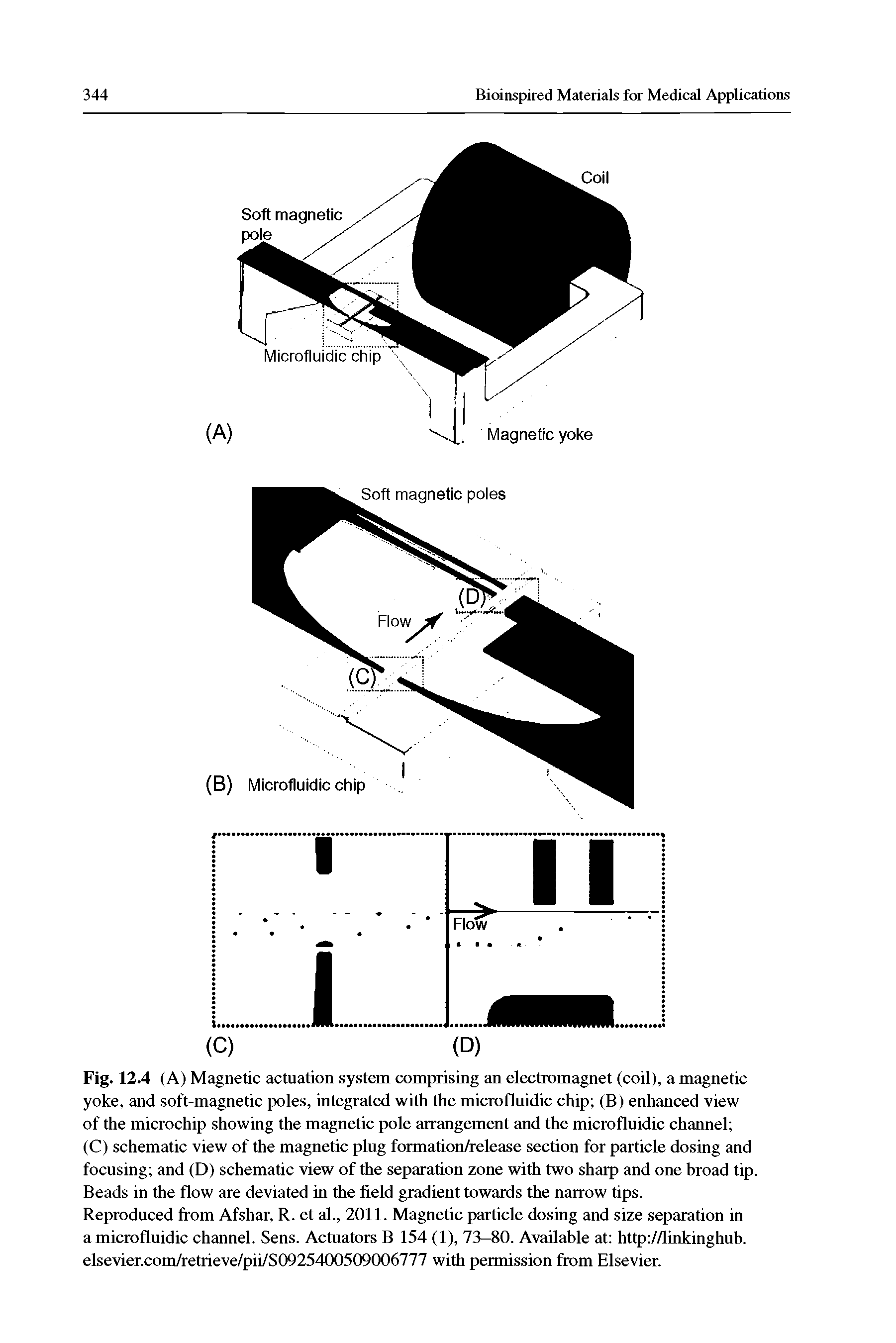 Fig. 12.4 (A) Magnetic actuation system comprising an electromagnet (coil), a magnetic yoke, and soft-magnetic poles, integrated with the microfluidic chip (B) enhanced view of the microchip showing the magnetic pole arrangement and the microfluidic channel ...
