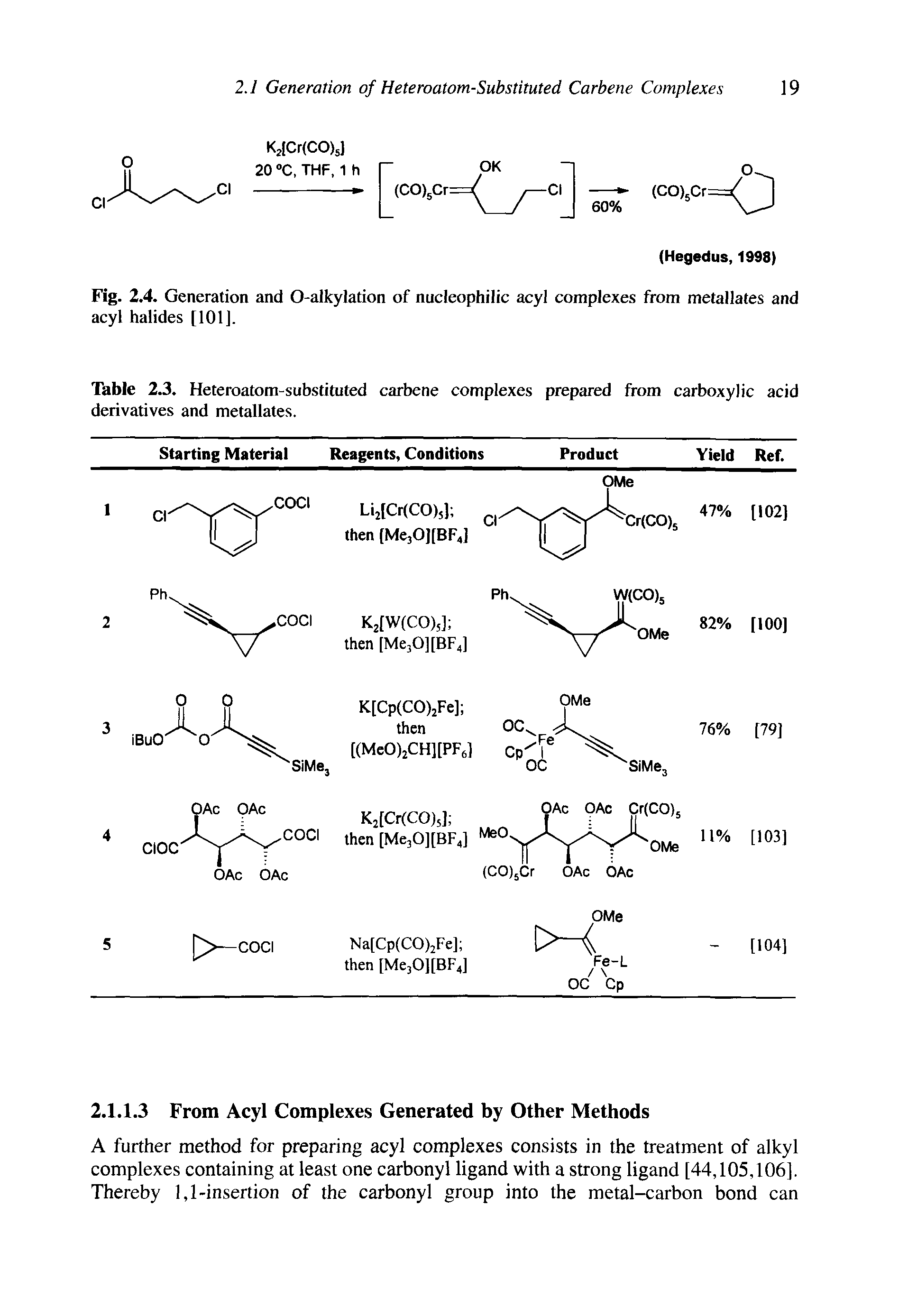 Table 2.3. Heteroatom-substituted carbene complexes prepared from carboxylic acid derivatives and metallates.