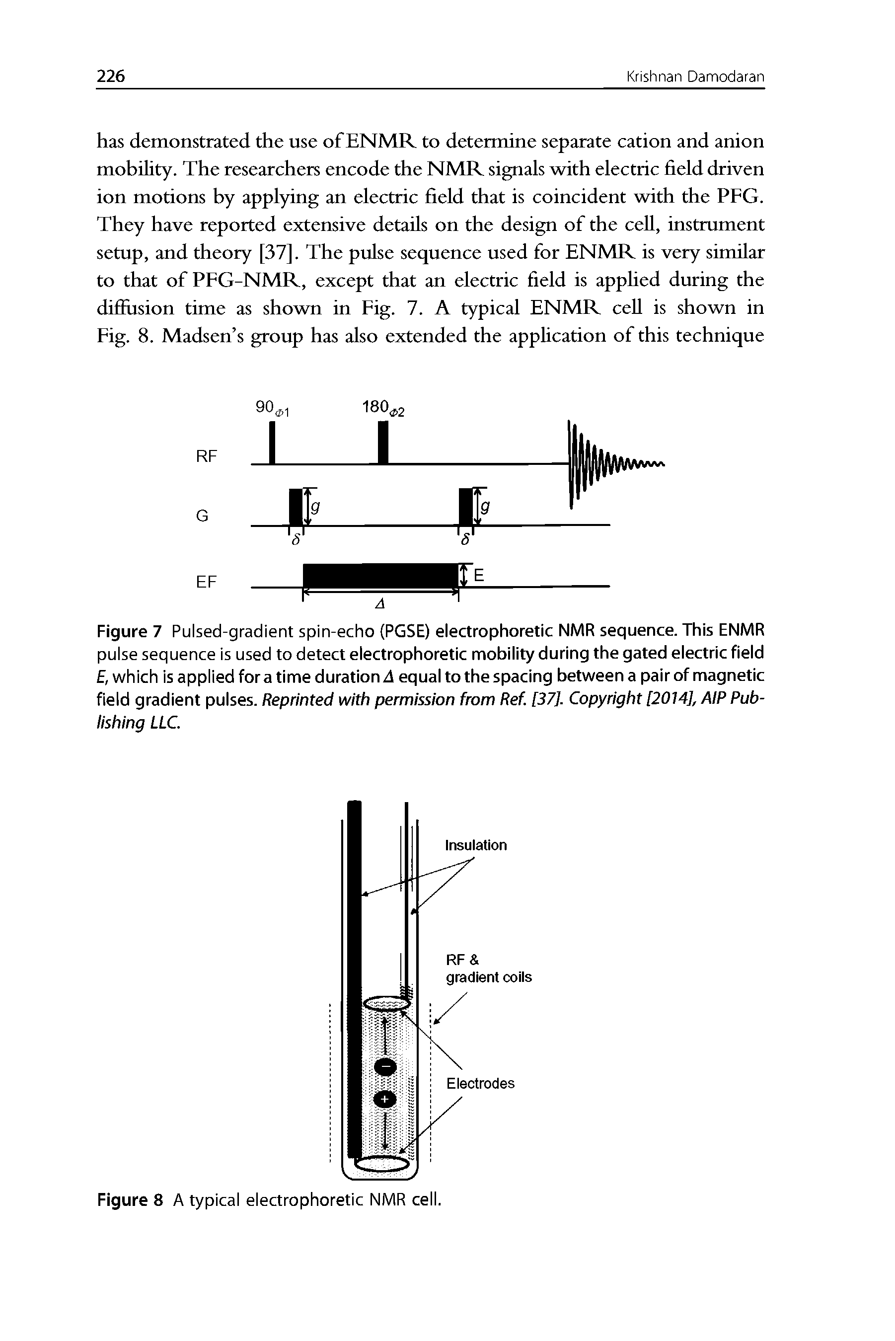 Figure 7 Pulsed-gradient spin-echo (PGSE) electrophoretic NMR sequence. This ENMR pulse sequence is used to detect electrophoretic mobility during the gated electric field E, which is applied fora time duration 3 equal to the spacing between a pair of magnetic field gradient pulses. Reprinted with permission from Ref. [37], Copyright [2014], AlP Publishing LLC.
