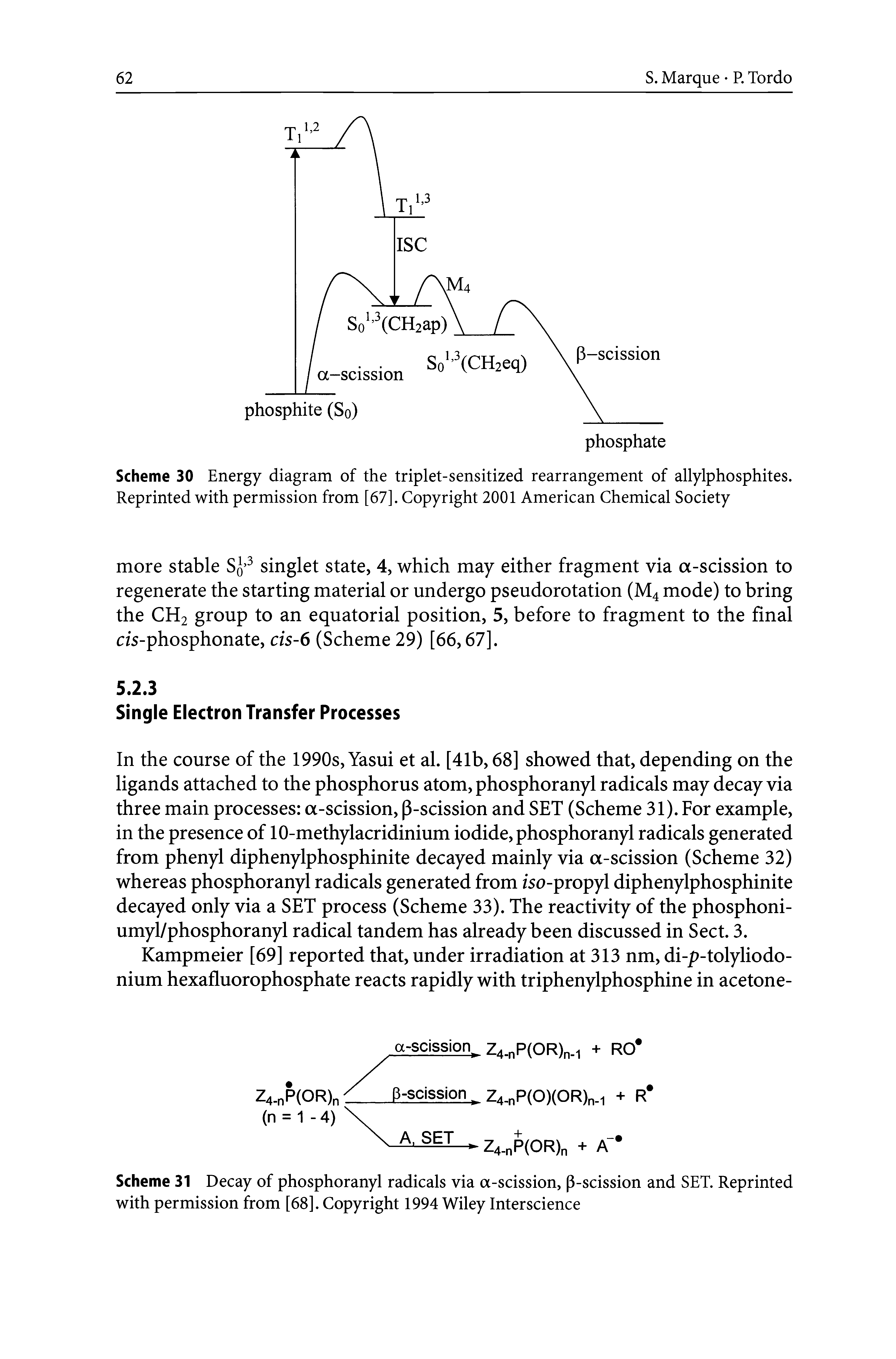 Scheme 31 Decay of phosphoranyl radicals via a-scission, p-scission and SET. Reprinted with permission from [68]. Copyright 1994 Wiley Interscience...
