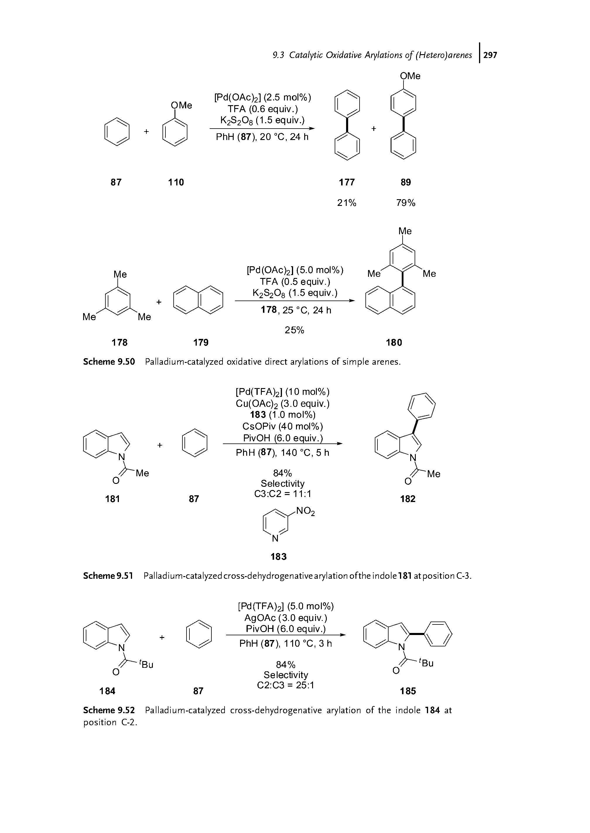 Scheme 9.52 Palladium-catalyzed cross-dehydrogenative arylation of the indole 184 at position C-2.