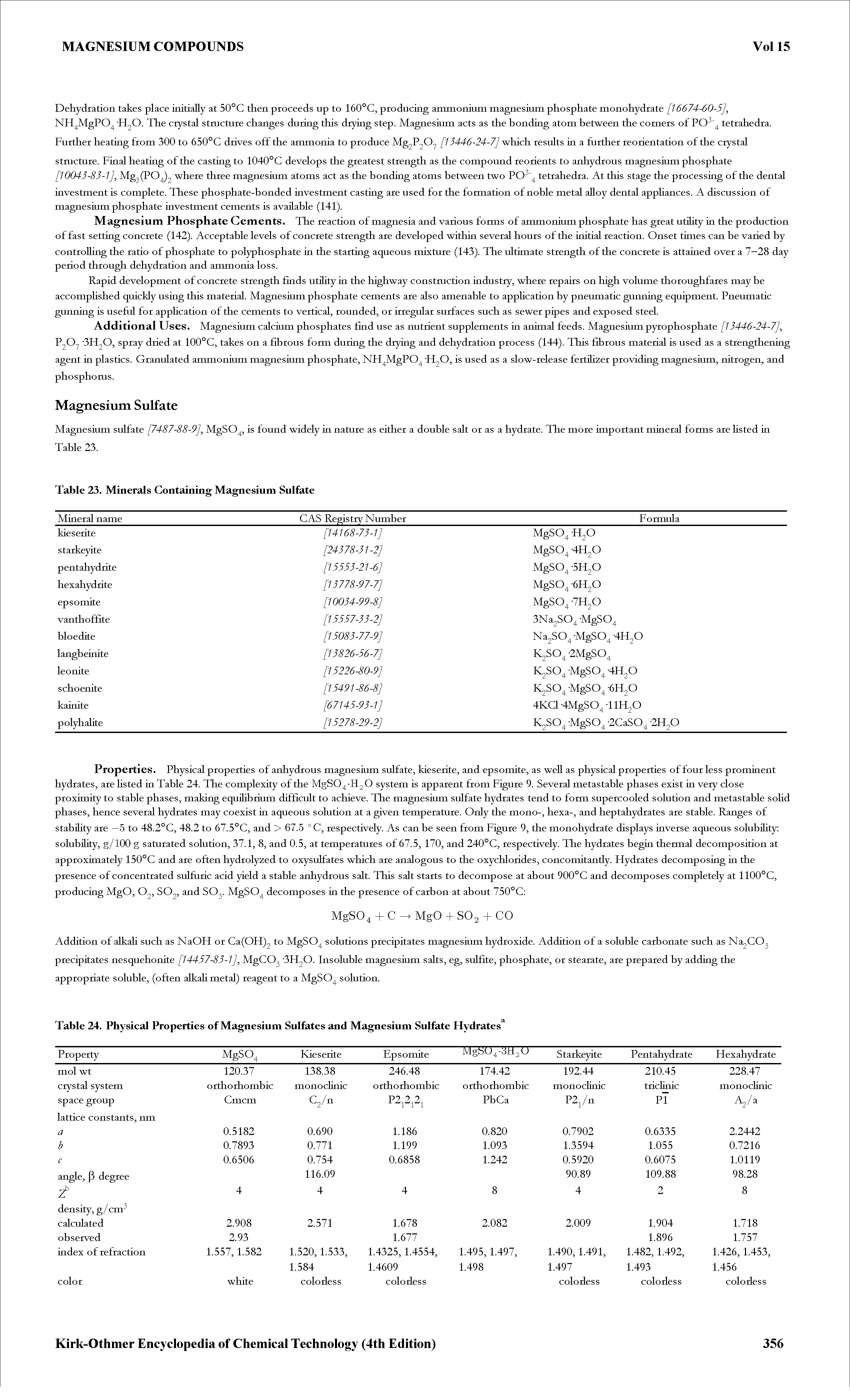 Table 24. Physical Properties of Magnesium Sulfates and Magnesium Sulfate Hydrates ...