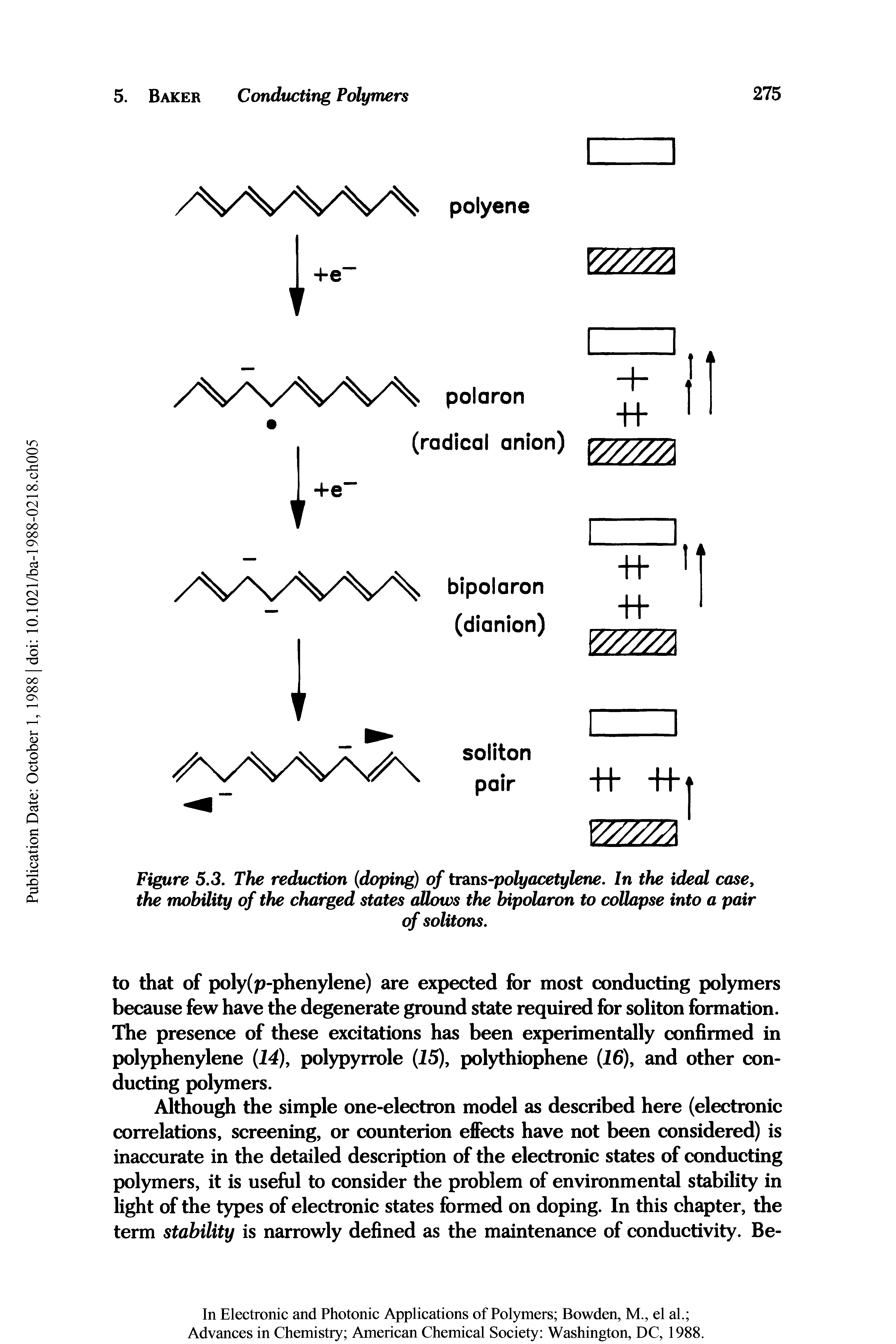 Figure 5.3. The reduction (doping) of trans-polyacetylene. In the ideal case, the mobility of the charged states allows the bipolaron to collapse into a pair...