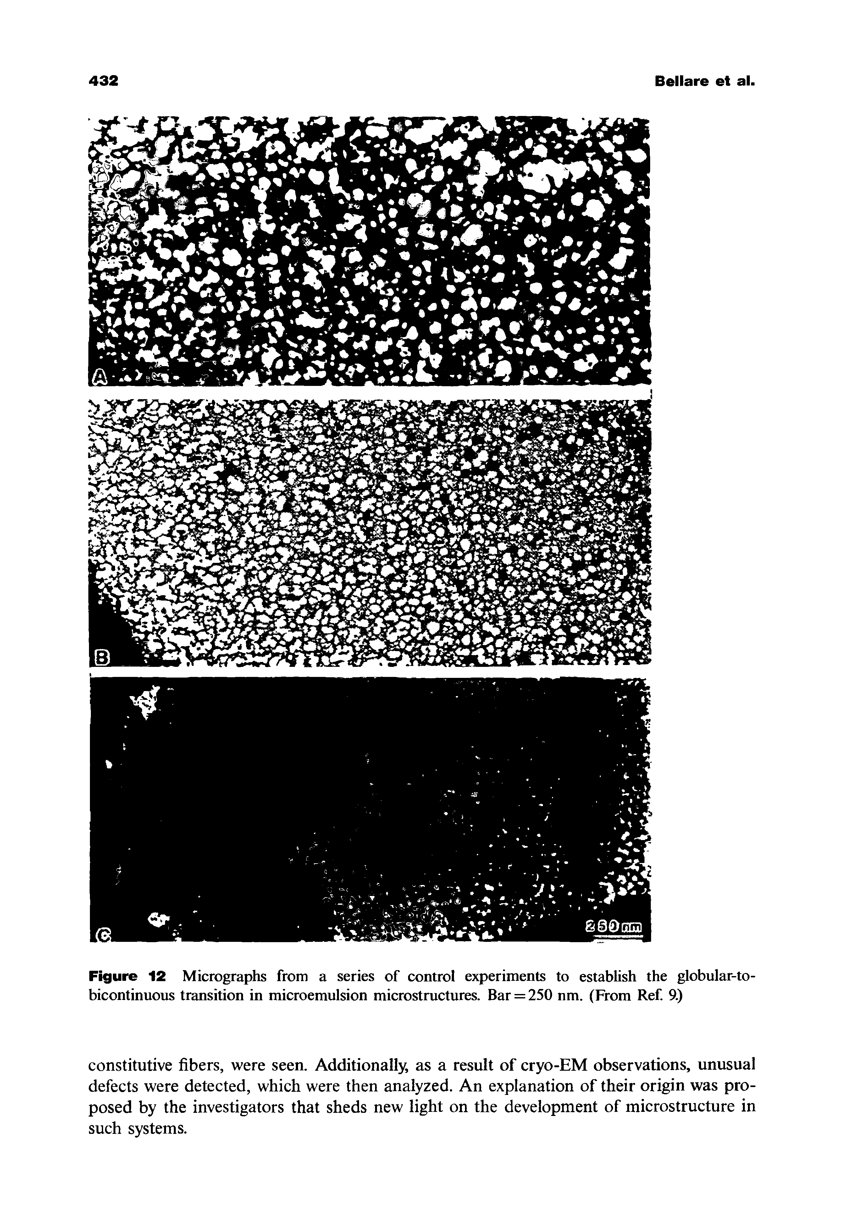 Figure 12 Micrographs from a series of control experiments to establish the globular-to-bicontinuous transition in microemulsion microstructures. Bar = 250 nm. (From Ref 9.)...