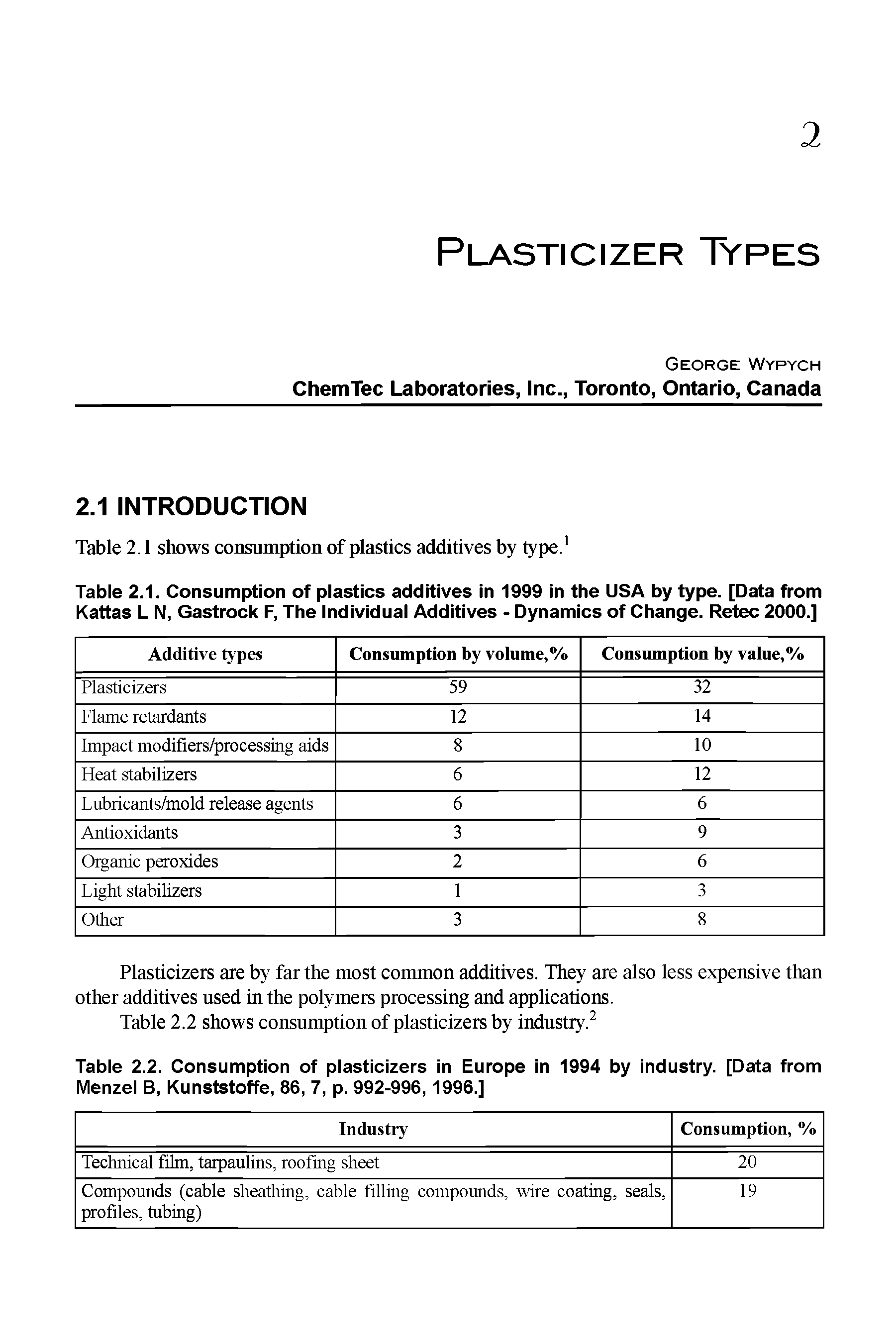 Table 2.1. Consumption of plastics additives in 1999 in the USA by type. [Data from Kattas L N, Gastrock F, The Individual Additives - Dynamics of Change. Retec 2000.]...