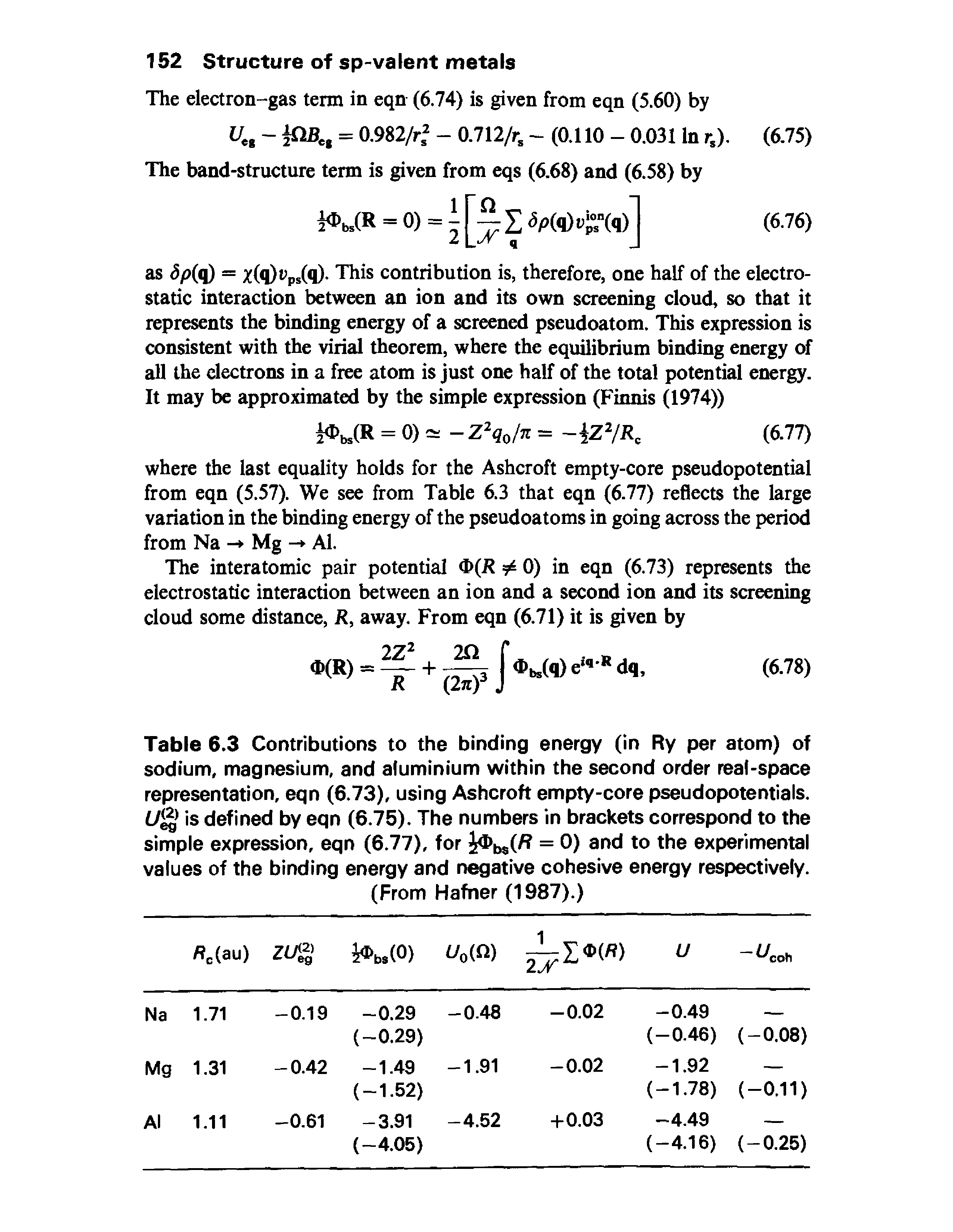 Table 6.3 Contributions to the binding energy (in Ry per atom) of sodium, magnesium, and aluminium within the second order real-space representation, eqn (6.73), using Ashcroft empty-core pseudopotentials. L/gf is defined by eqn (6.75). The numbers in brackets correspond to the simple expression, eqn (6.77), for = 0) and to the experimental values of the binding energy and negative cohesive energy respectively.