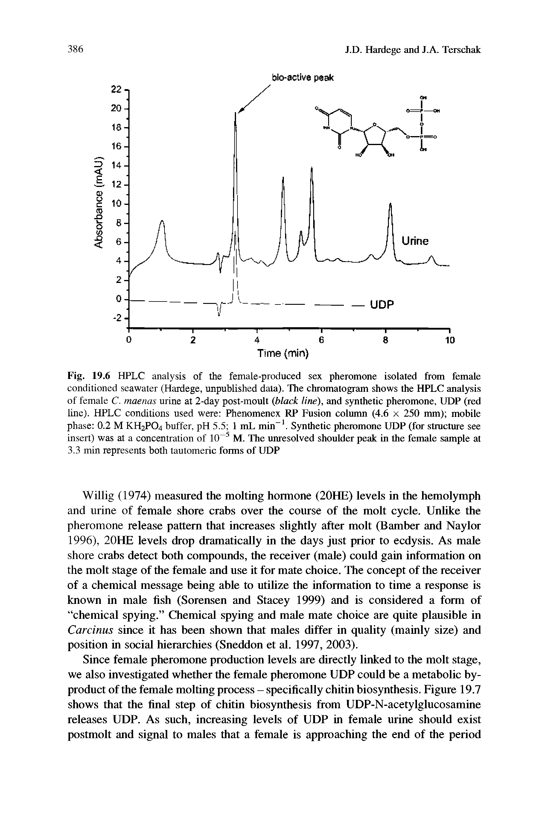 Fig. 19.6 HPLC analysis of the female-produced sex pheromone isolated from female conditioned seawater (Hardege, unpublished data). The chromatogram shows the HPLC analysis of female C. maenas urine at 2-day post-moult (black line), and synthetic pheromone, UDP (red line). HPLC conditions used were Phenomenex RP Fusion column (4.6 x 250 mm) mobile phase 0.2 M KH2PO4 buffer, pH 5.5 1 mL min-1. Synthetic pheromone UDP (for structure see insert) was at a concentration of 10-5 M. The unresolved shoulder peak in the female sample at 3.3 min represents both tautomeric forms of UDP...