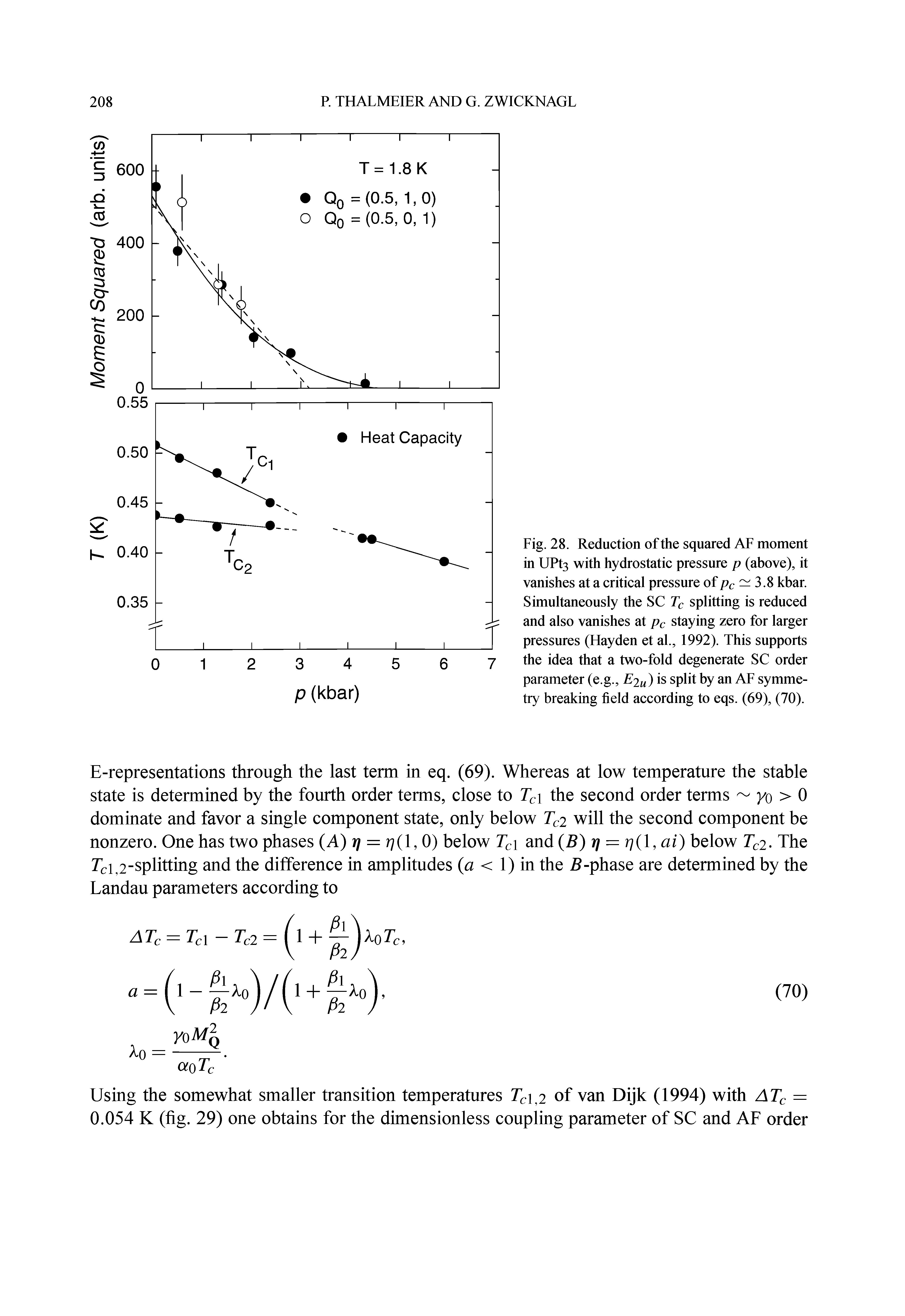 Fig. 28. Reduction of the squared AF moment in UPt3 with hydrostatic pressure p (above), it vanishes at a critical pressure of — 3.8 kbar. Simultaneously the SC Tq splitting is reduced and also vanishes at pc staying zero for larger pressures (Hayden et al., 1992). This supports the idea that a two-fold degenerate SC order parameter (e.g., E2m) is split by an AF symmetry breaking field according to eqs. (69), (70).