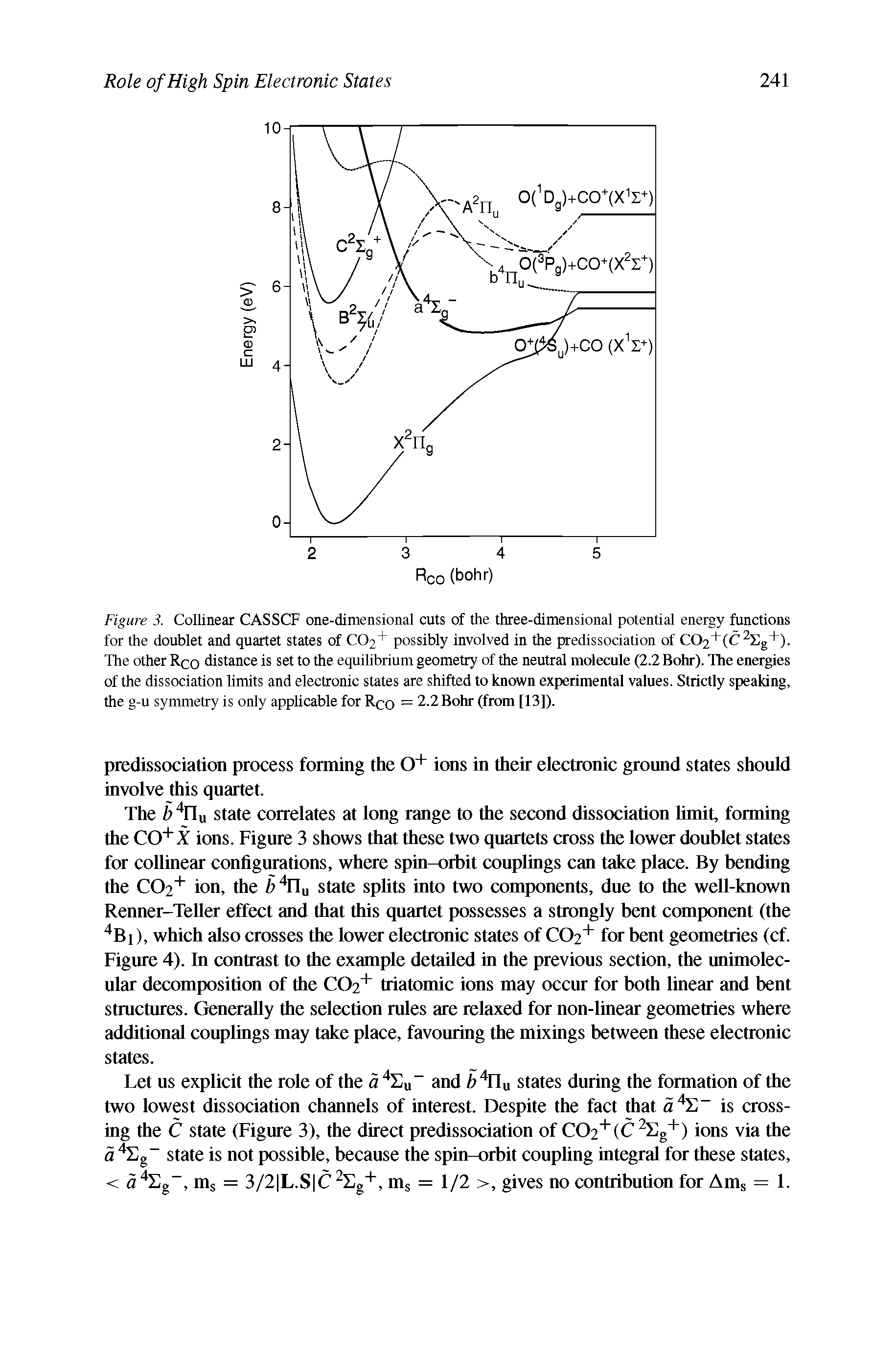 Figure 3. Collinear CASSCF one-dimensional cuts of the three-dimensional potential energy functions for the doublet and quartet states of CC>2+ possibly involved in the predissociation of CO2+(C2 g+). The other Rco distance is set to the equilibrium geometry of the neutral molecule (2.2 Bohr). The energies of the dissociation limits and electronic states are shifted to known experimental values. Strictly speaking, the g-u symmetry is only applicable for Rco = 2.2 Bohr (from [13]).