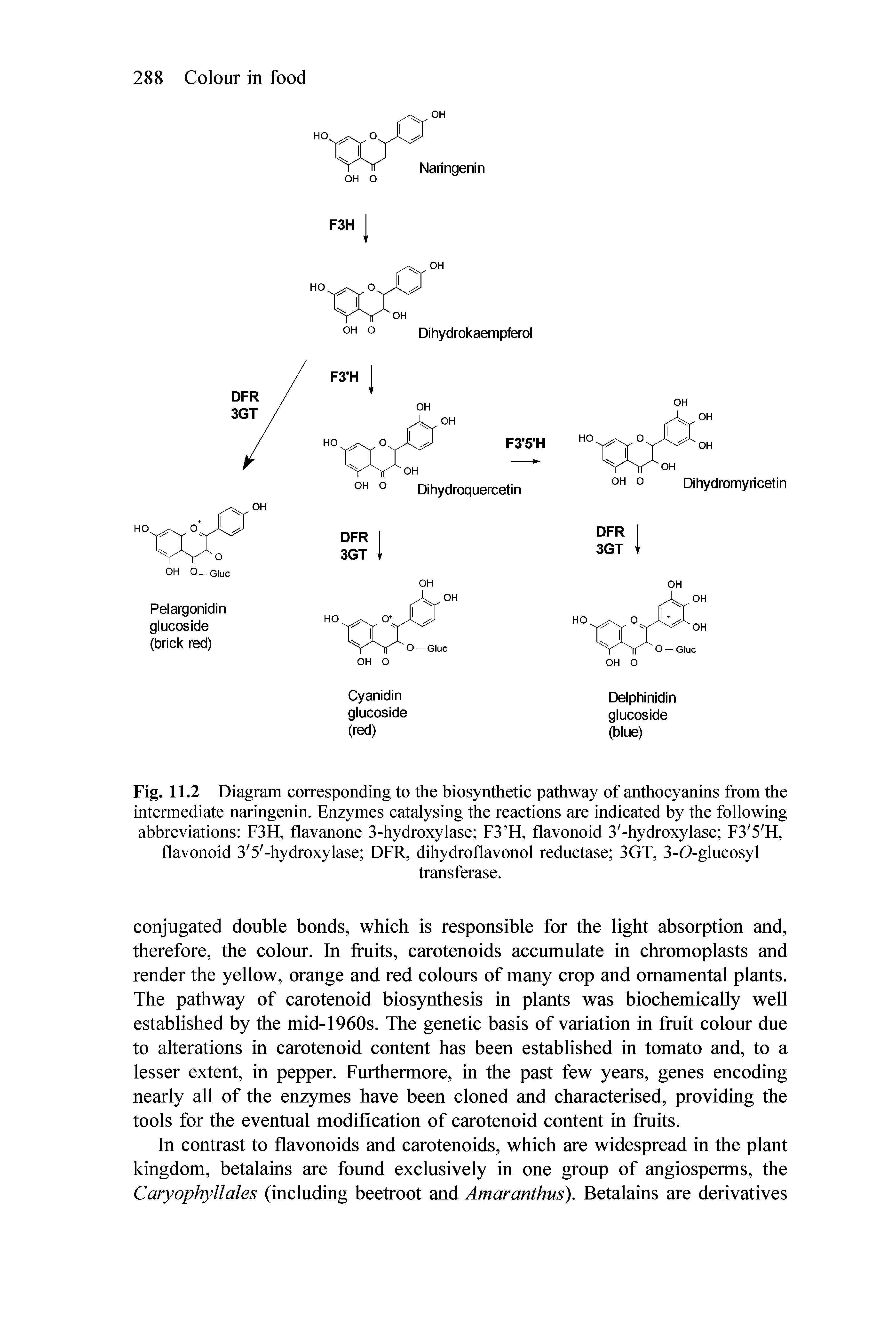Fig. 11.2 Diagram corresponding to the biosynthetic pathway of anthocyanins from the intermediate naringenin. Enzymes catalysing the reactions are indicated by the following abbreviations F3H, flavanone 3-hydroxylase F3 H, flavonoid 3 -hydroxylase F3 5 H, flavonoid 3 5 -hydroxylase DFR, dihydroflavonol reductase 3GT, 3-O-glucosyl...