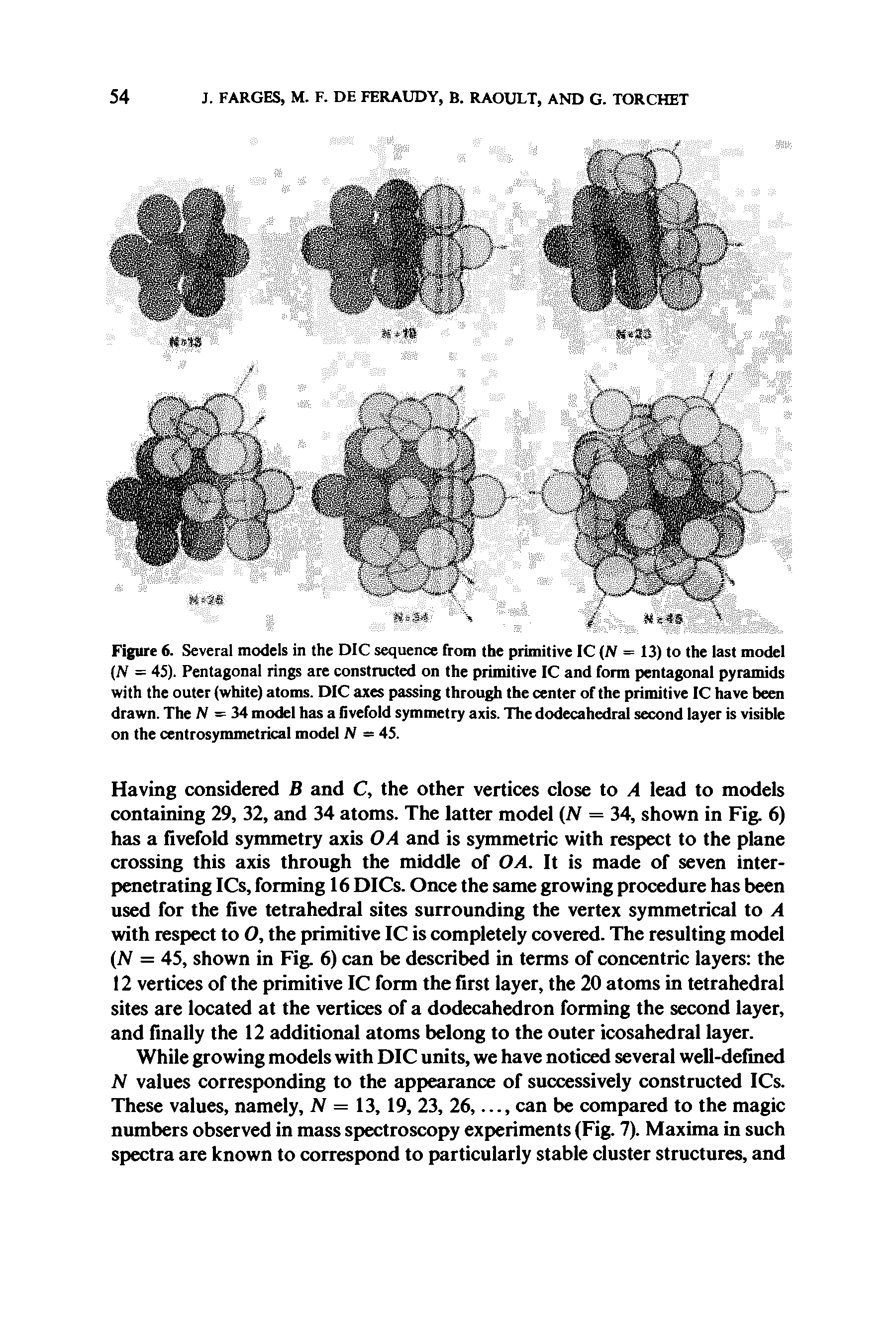 Figure 6. Several models in the DIC sequence from the primitive IC N = 13) to the last model N = 45). Pentagonal rings are constructed on the primitive IC and form pentagonal pyramids with the outer (white) atoms. DIC axes passing through the center of the primitive IC have been drawn. The N = 34 model has a fivefold symmetry axis. The dodecahedral second layer is visible on the centrosymmetrical model N - 45.