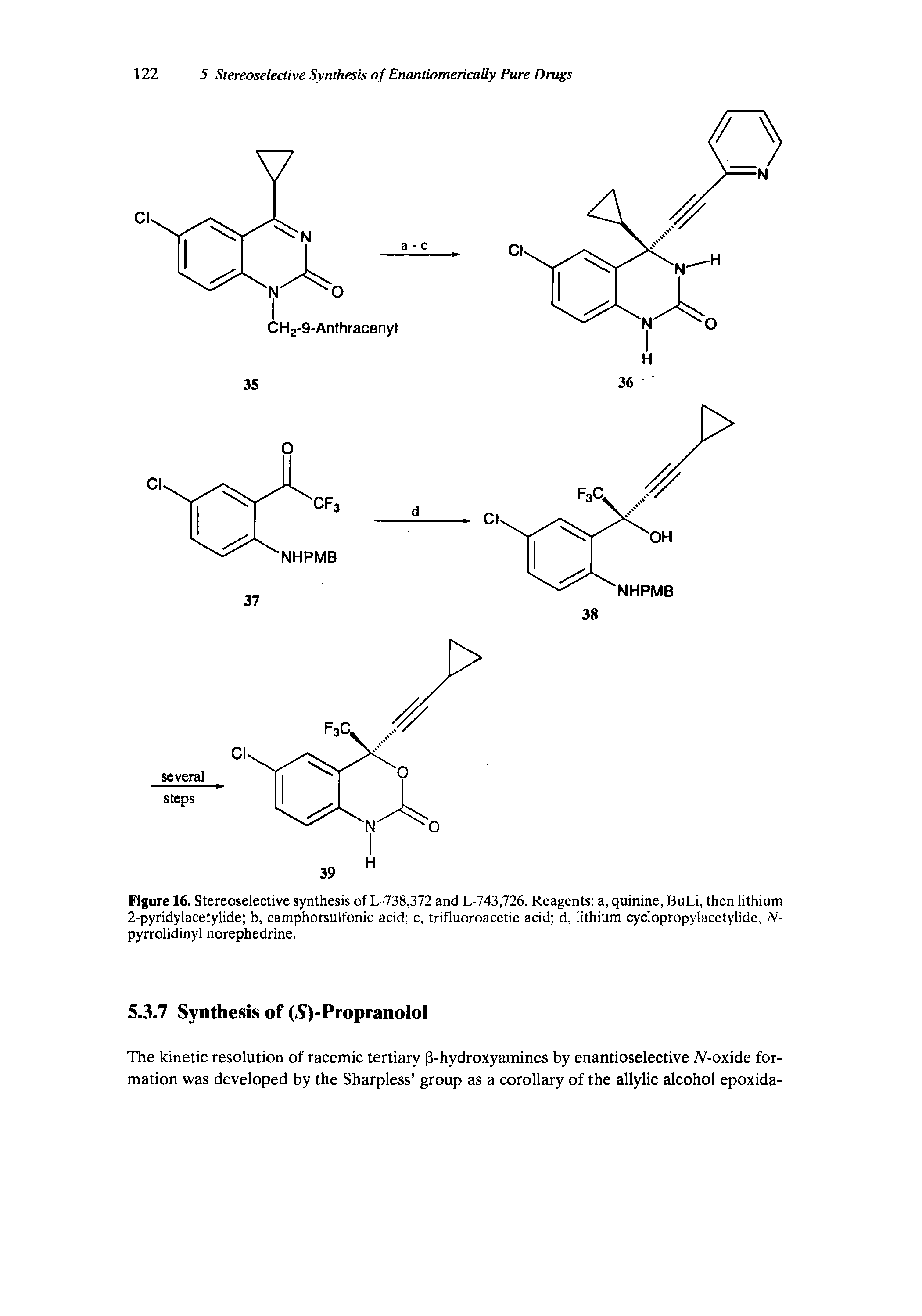 Figure 16. Stereoselective synthesis of L-738,372 and L-743,726. Reagents a, quinine, BuLi, then lithium 2-pyridylacetylide b, camphorsulfonic acid c, trifluoroacetic acid d, lithium cyclopropylacetylide, N-pyrrolidinyl norephedrine.