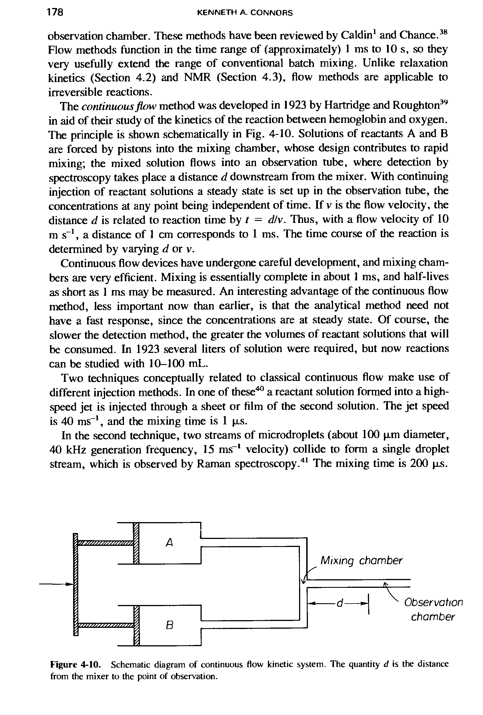 Figure 4-10. Schematic diagram of continuous flow kinetic system. The quantity d is the distance from the mixer to the point of observation.