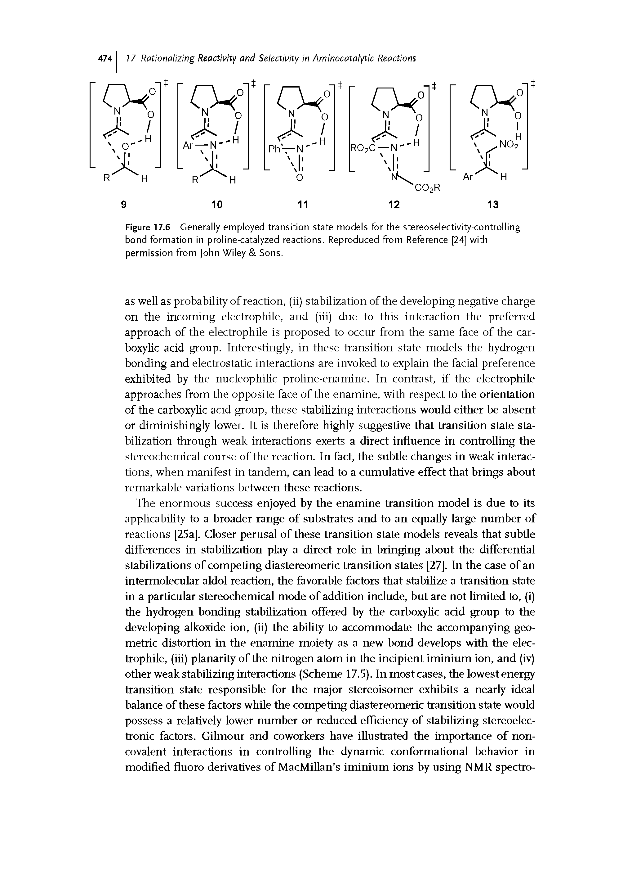 Figure 17.6 Generally employed transition state models for the stereoselectivity-controlling bond formation in proline-catalyzed reactions. Reproduced from Reference [24] with permission from John Wiley Sons.