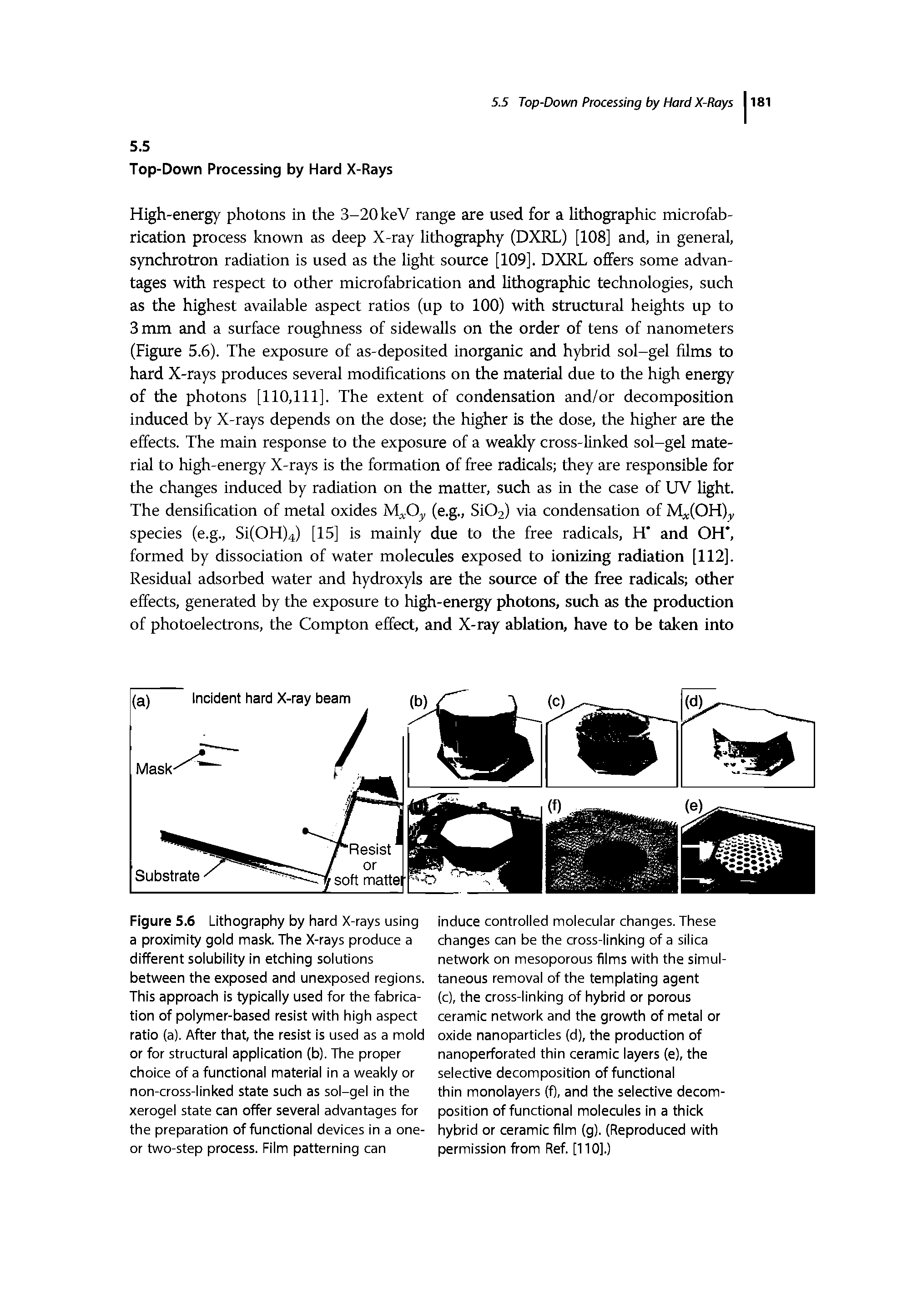 Figure 5.6 Lithography by hard X-rays using a proximity gold mask. The X-rays produce a different solubility in etching solutions between the exposed and unexposed regions. This approach is typically used for the fabrication of polymer-based resist with high aspect ratio (a). After that the resist is used as a mold or for structural application (b). The proper choice of a functional material in a weakly or non-cross-linked state such as sol-gel in the xerogel state can offer several advantages for the preparation of functional devices in a one-or two-step process. Film patterning can...