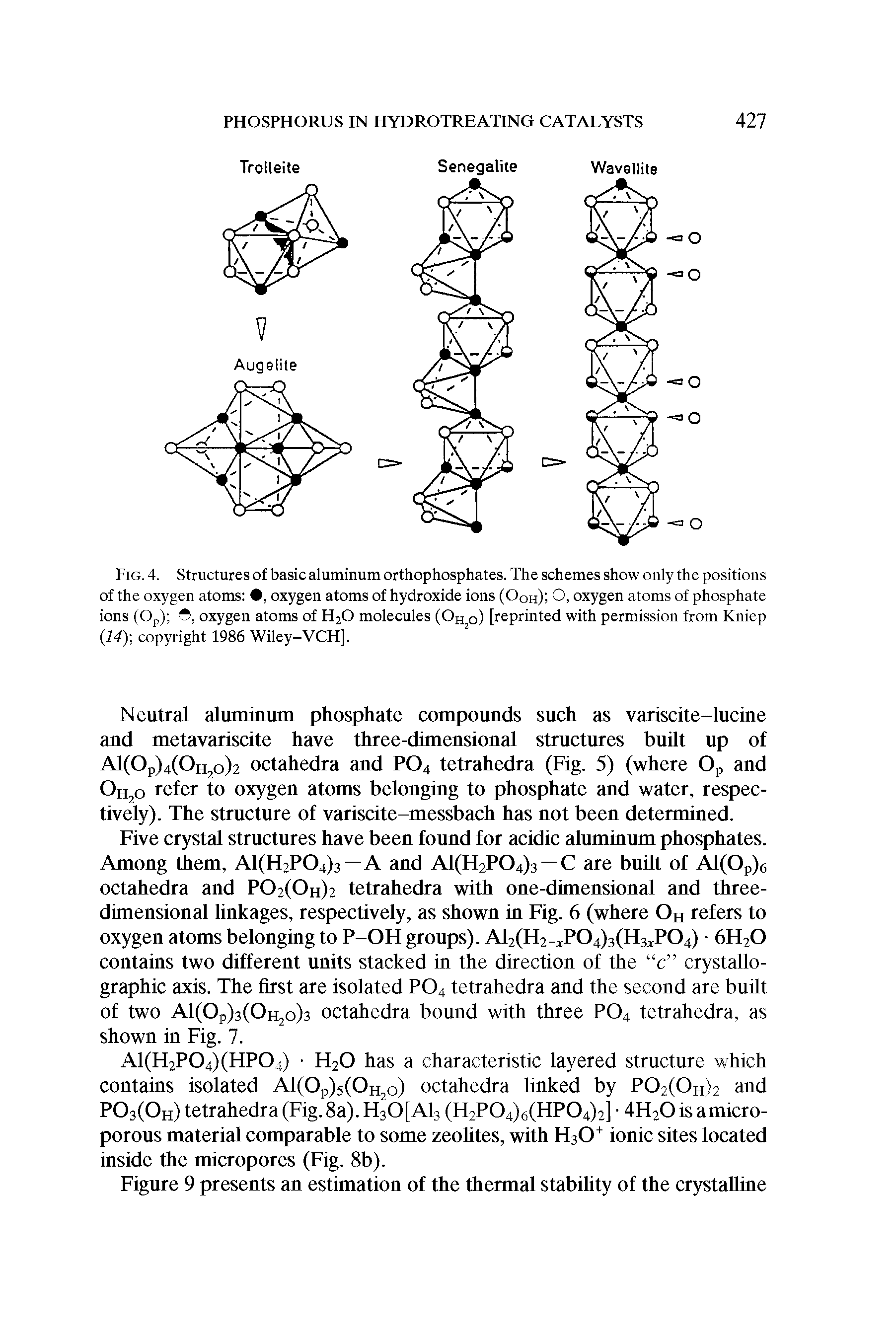 Fig. 4. Structures of basic aluminum orthophosphates. The schemes show only the positions of the oxygen atoms , oxygen atoms of hydroxide ions (Oqh) O, oxygen atoms of phosphate ions (0 ) , oxygen atoms of H O molecules (Oh o) [reprinted with permission from Kniep 14) copyright 1986 Wiley-VCH].