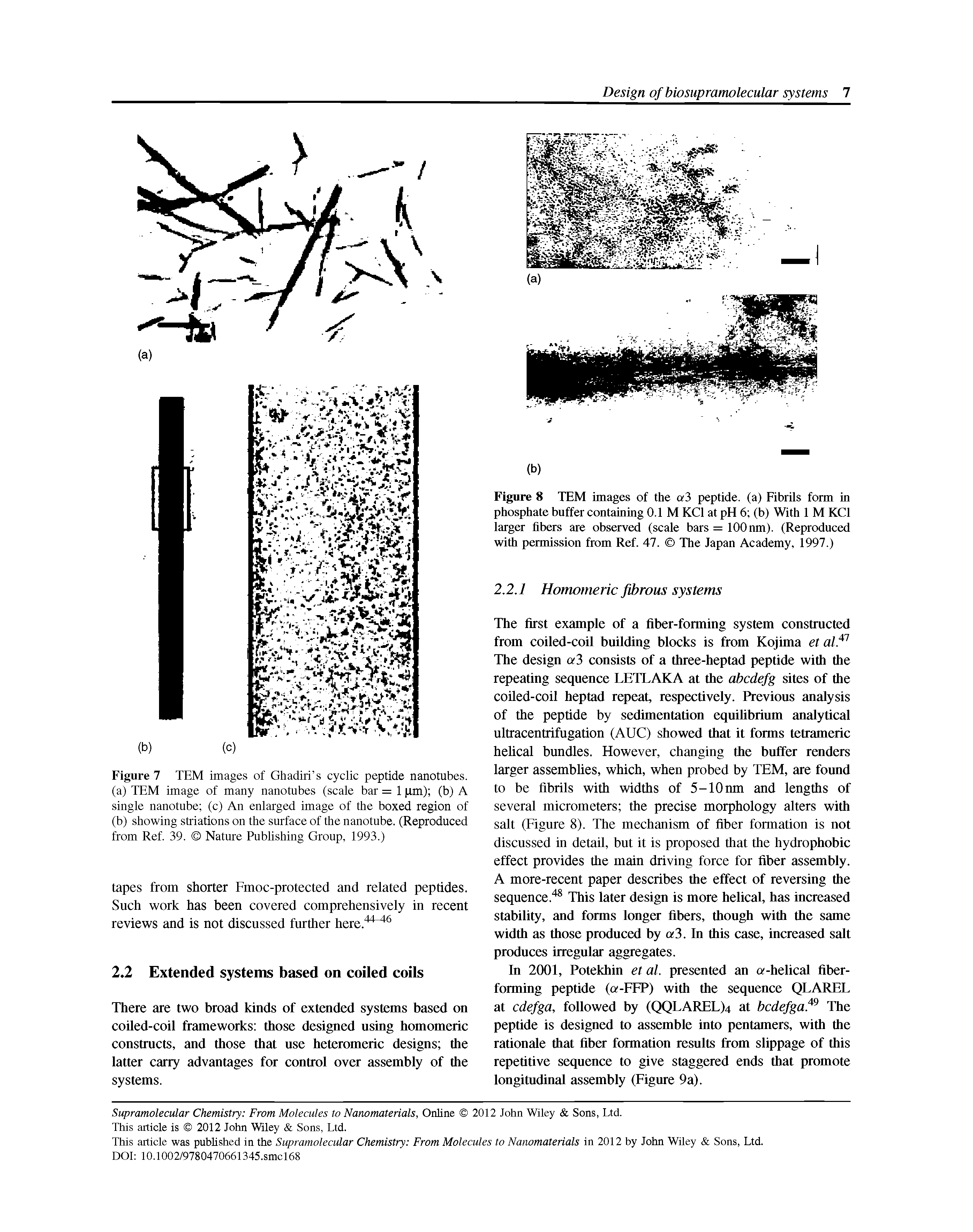 Figure 8 TEM images of the a3 peptide, (a) Fibrils form in phosphate buffer containing 0.1 M KCl at pH 6 (b) With 1 M KCl larger fibers are observed (scale bars = 100 nm). (Reproduced with permission from Ref. 47. The Japan Academy, 1997.)...