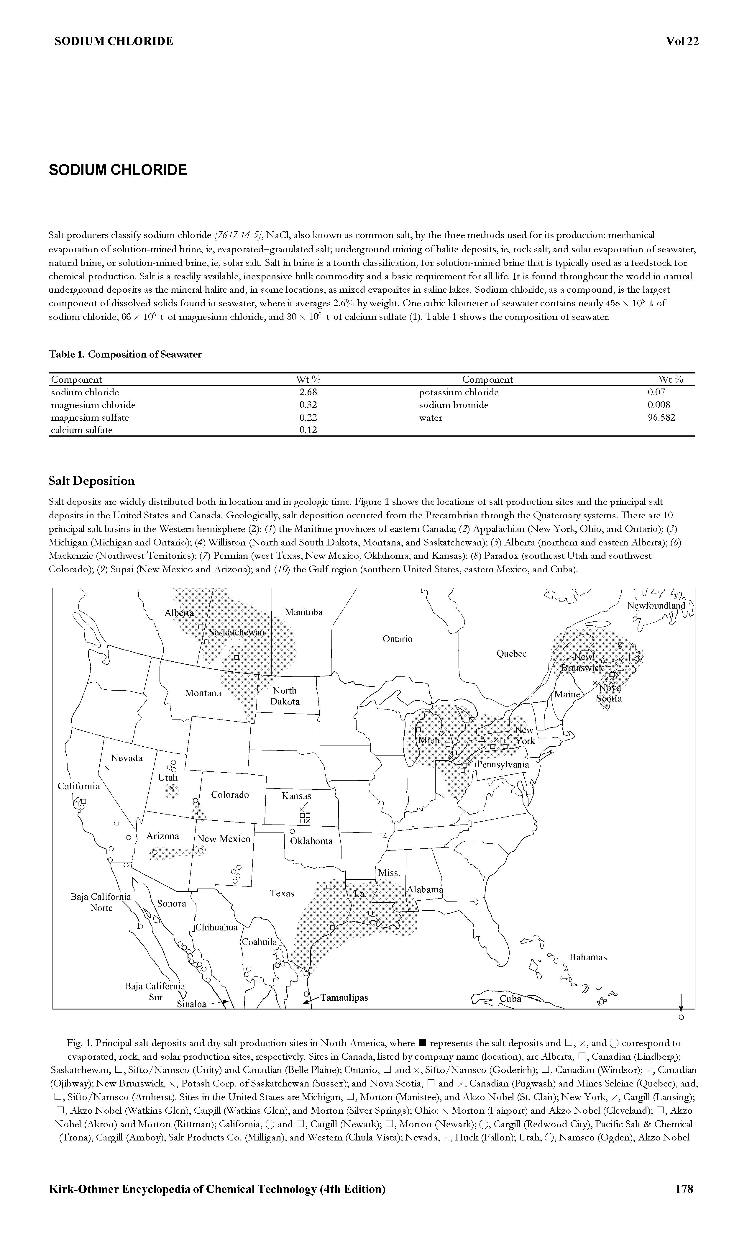 Fig. 1. Principal salt deposits and dry salt production sites in North America, where H represents the salt deposits and D, x, and Q correspond to evaporated, rock, and solar production sites, respectively. Sites in Canada, Hsted by company name (location), are Alberta, , Canadian (Lindberg) Saskatchewan, , Sifto/Namsco (Unity) and Canadian (BeUe Plaine) Ontario, and x, Sifto/Namsco (Goderich) , Canadian (Windsor) x, Canadian (Ojibway) New Bmnswick, x. Potash Corp. of Saskatchewan (Sussex) and Nova Scotia, and x, Canadian (Pugwash) and Mines Seleine (Quebec), and,...