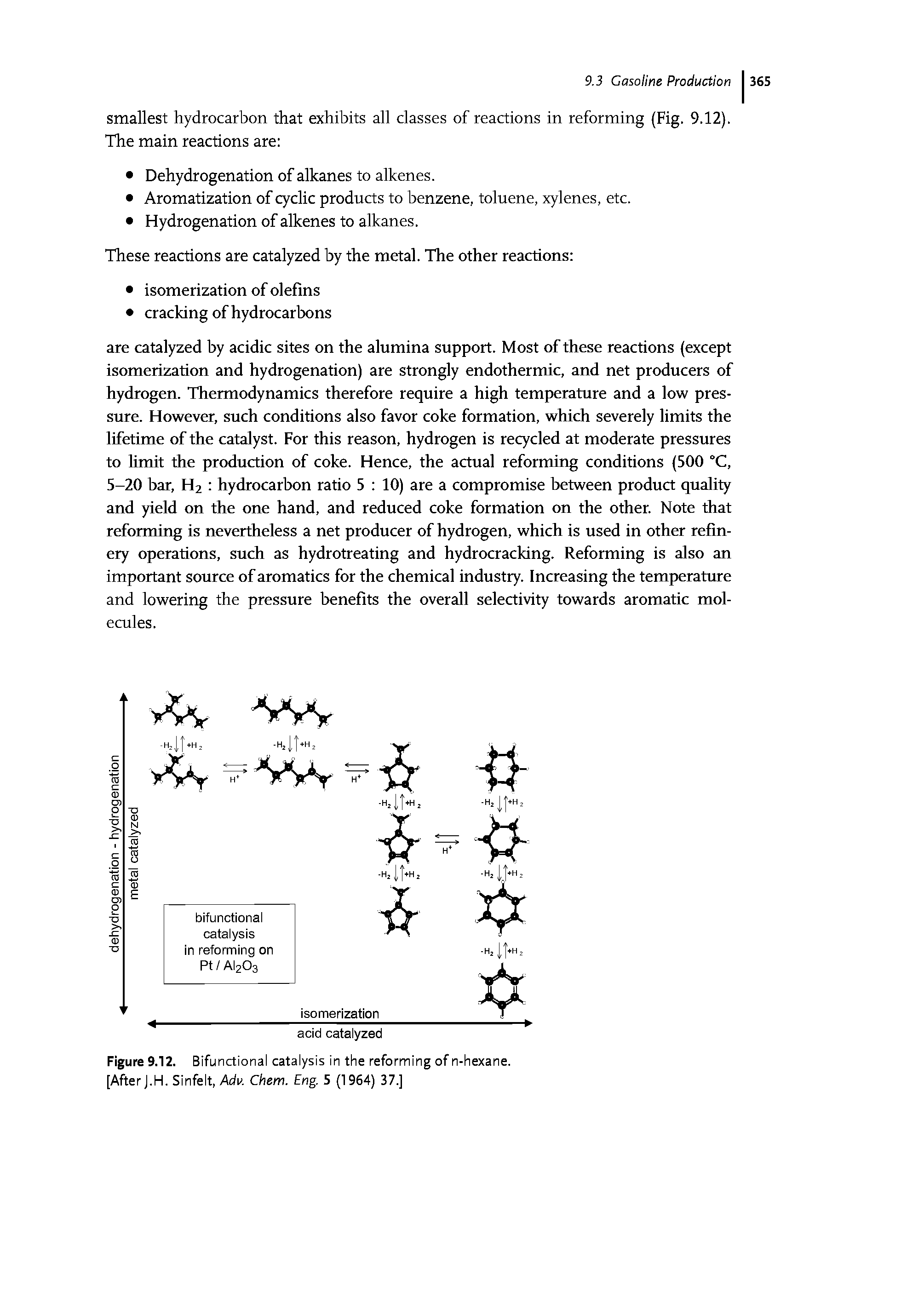 Figure 9.12. Bifunctional catalysis in the reforming of n-hexane. [After J.H. Sinfelt, Adu. Chem. Eng. 5 (1964) 37.]...