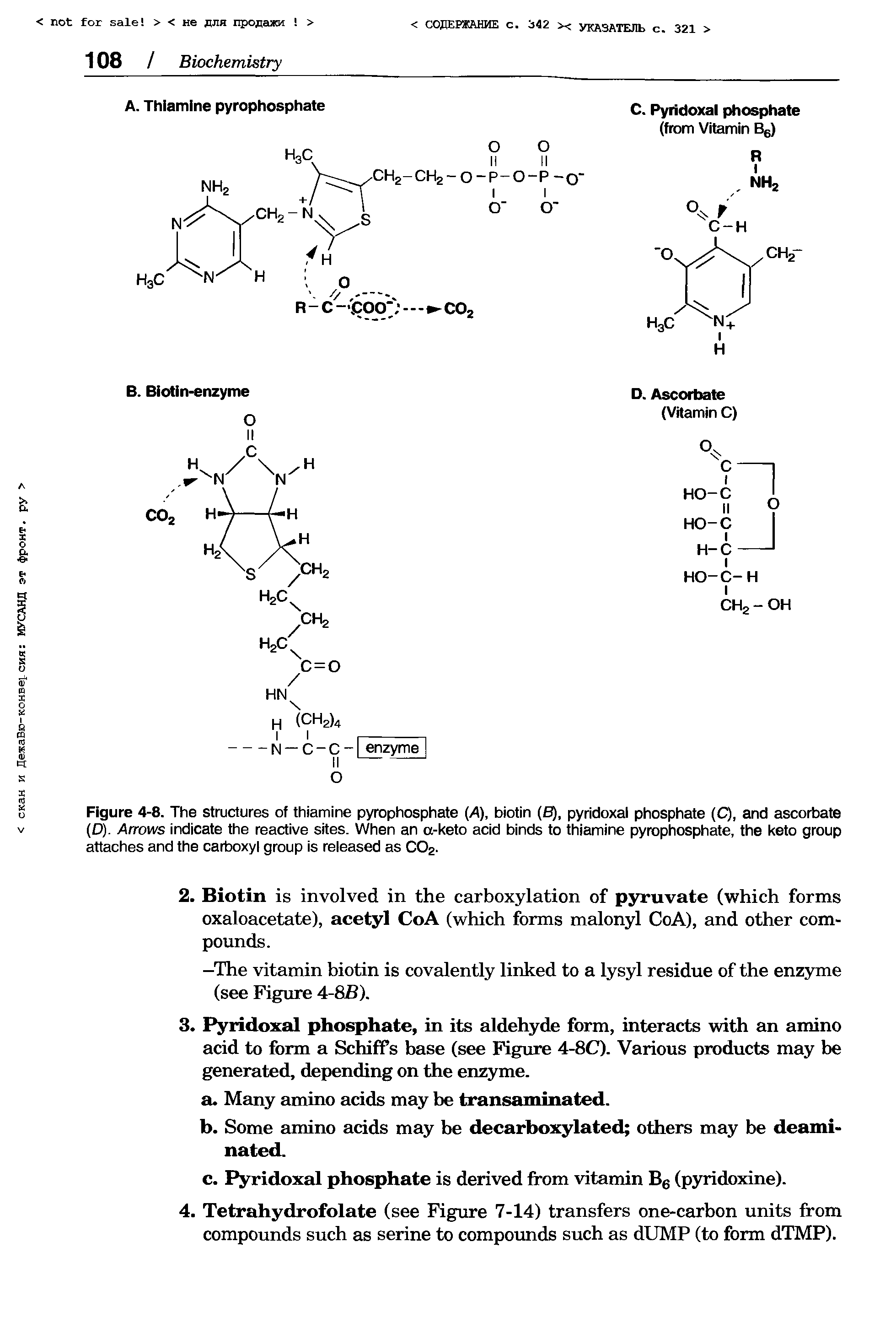 Figure 4-8. The structures of thiamine pyrophosphate (A), biotin (fi), pyridoxal phosphate (Q, and ascorbate (D). Arrows indicate the reactive sites. When an a-keto acid binds to thiamine pyrophosphate, the keto group attaches and the carboxyl group is released as C02.