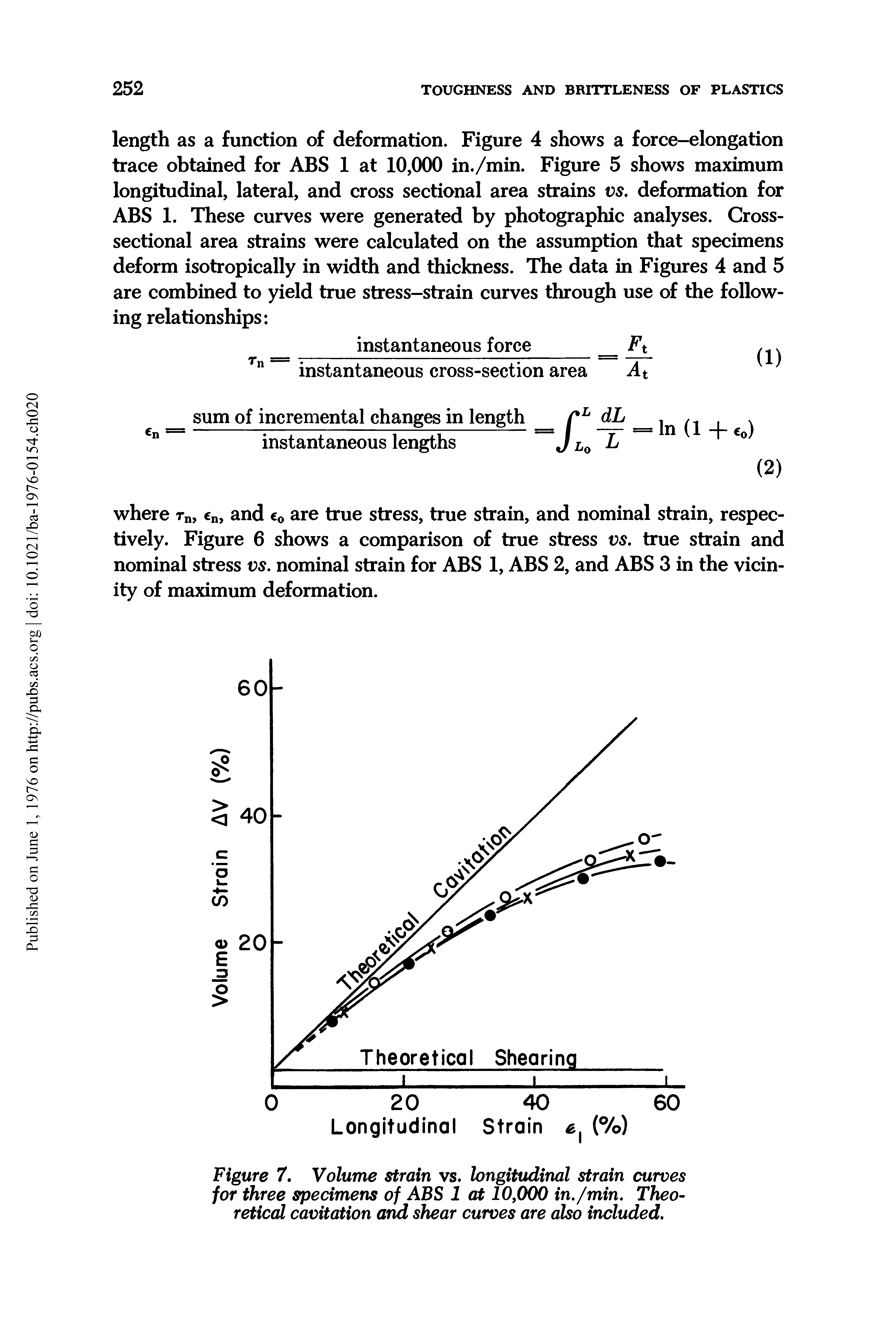 Figure 7. Volume strain vs. longitudinal strain curves for three specimens of ABS 1 at 10,000 in./min. Theoretical cavitation and shear curves are also included.