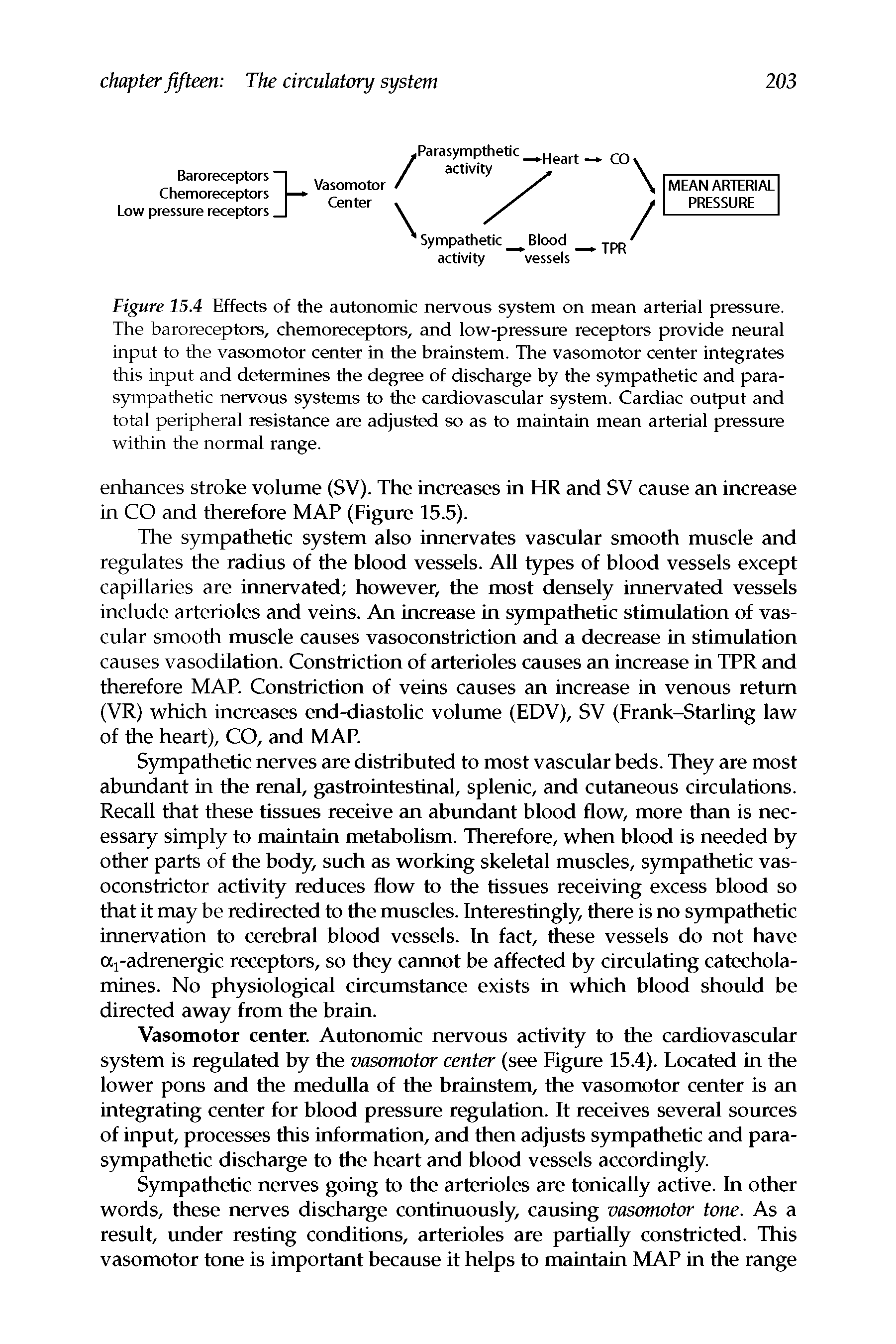 Figure 15.4 Effects of the autonomic nervous system on mean arterial pressure. The baroreceptors, chemoreceptors, and low-pressure receptors provide neural input to the vasomotor center in the brainstem. The vasomotor center integrates this input and determines the degree of discharge by the sympathetic and parasympathetic nervous systems to the cardiovascular system. Cardiac output and total peripheral resistance are adjusted so as to maintain mean arterial pressure within the normal range.