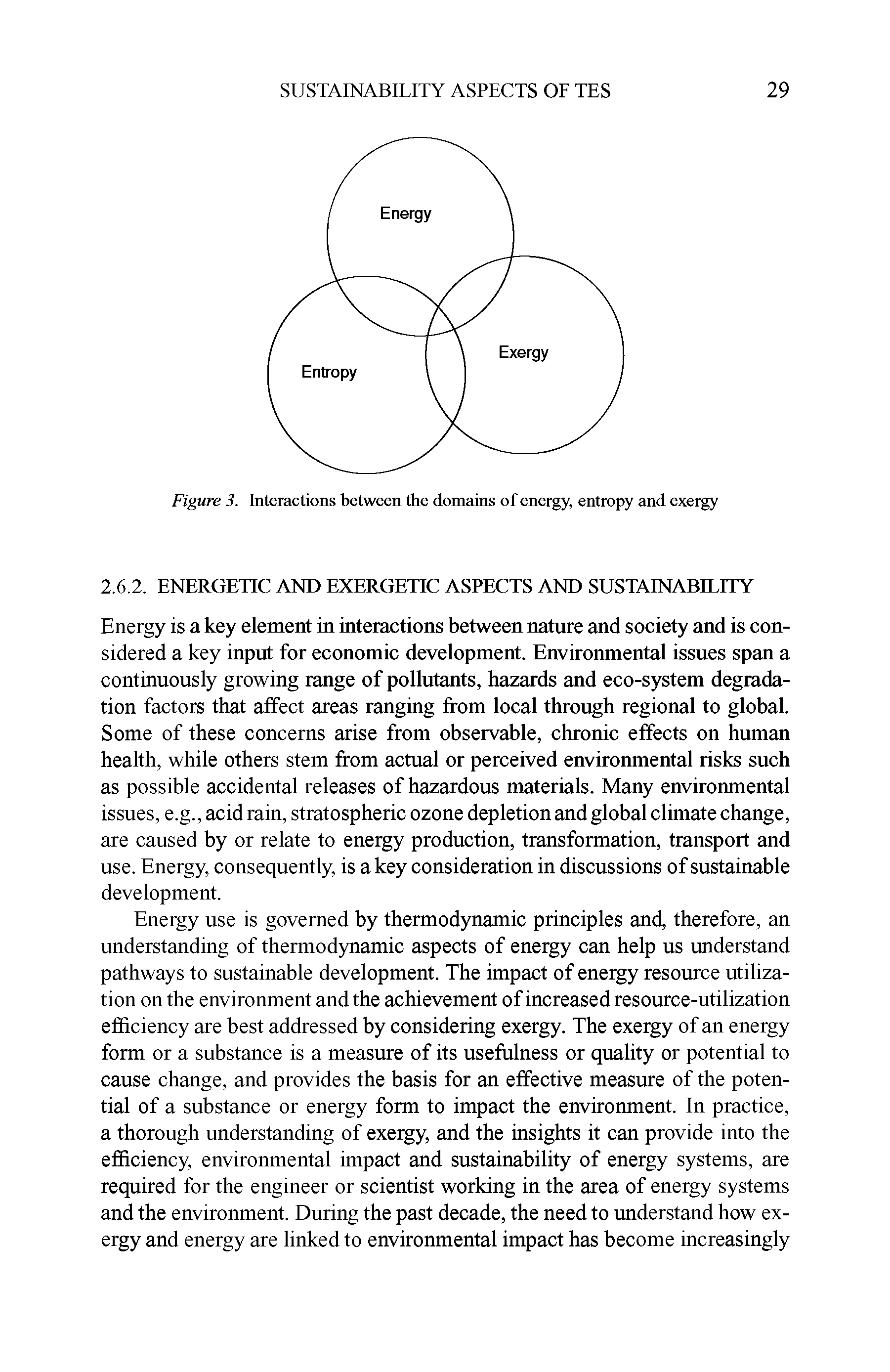 Figure 3. Interactions between the domains of energy, entropy and exergy...