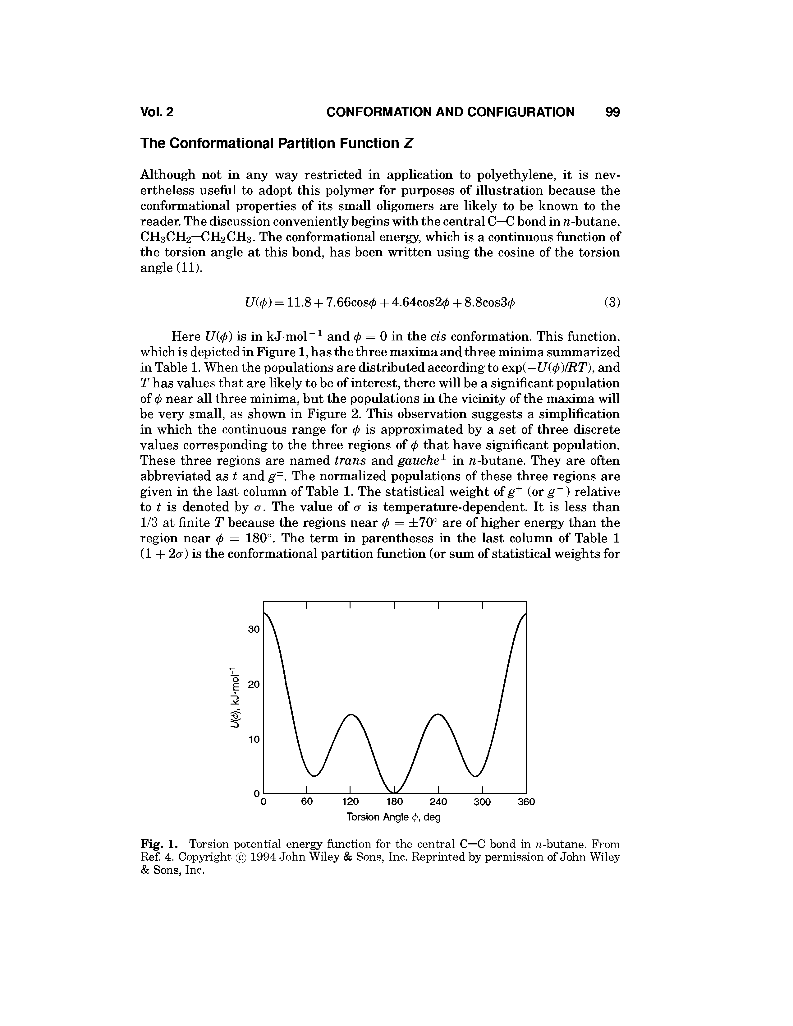 Fig. 1. Torsion potential energy function for the central C—C bond in n-butane. From Ref 4. Copyright 1994 John Wiley Sons, Inc. Reprinted by permission of John Wiley Sons, Inc.