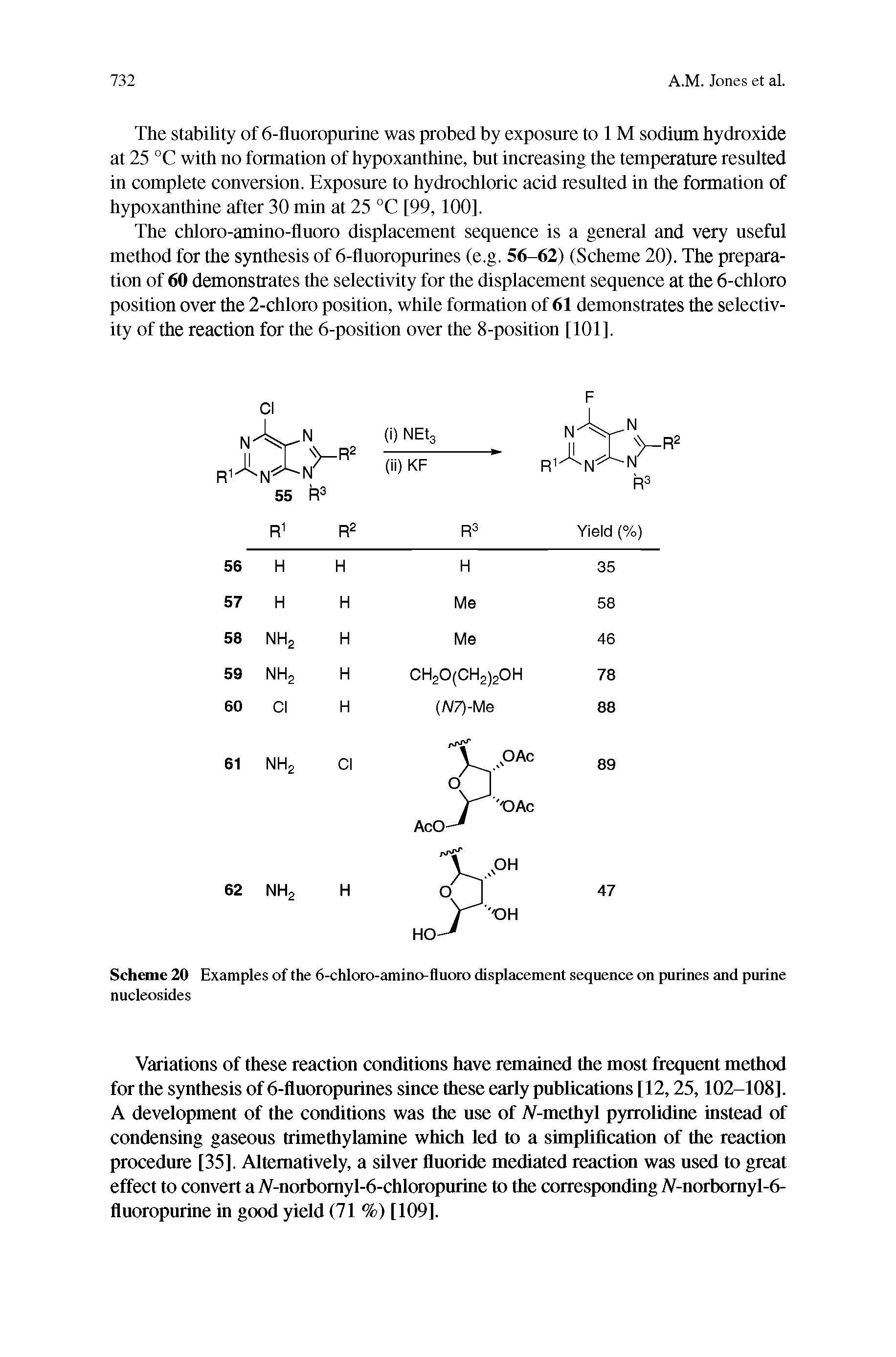 Scheme 20 Examples of the 6-chloro-amino-fluoro displacement sequence on purines and purine nucleosides...