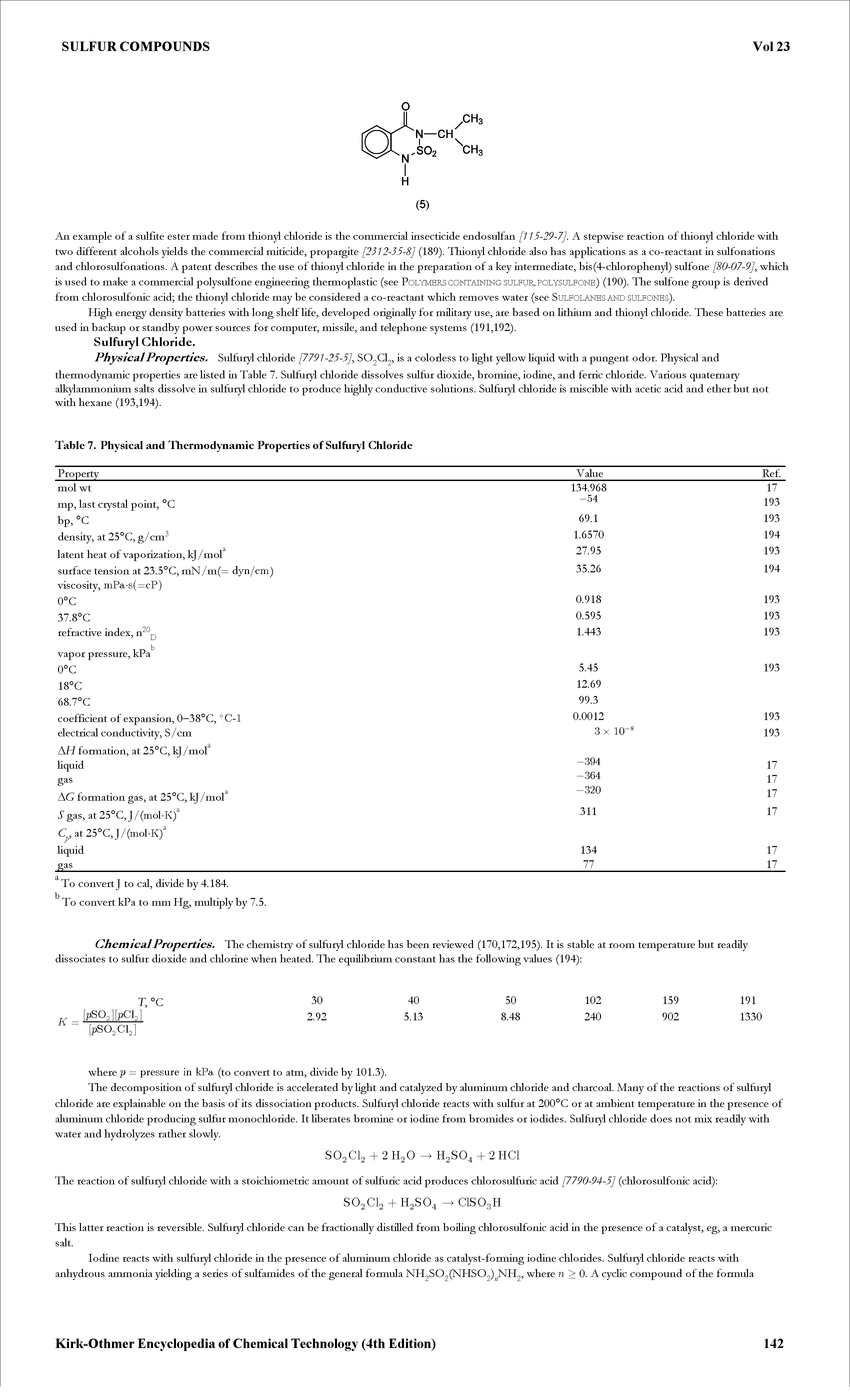 Table 7. Physical and Thermodynamic Properties of Sulfuryl Chloride...