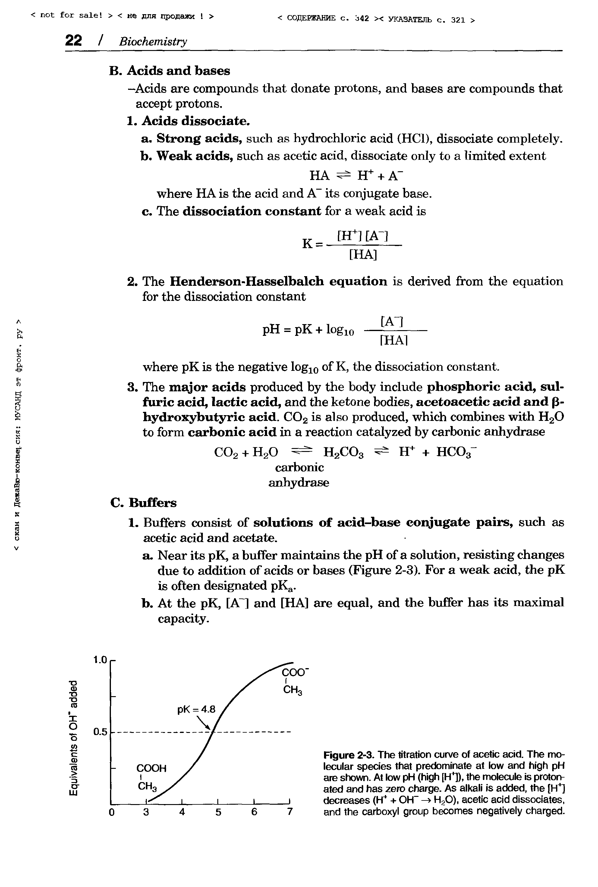 Figure 2-3. The titration curve of acetic acid. The molecular species that predominate at low and high pH are shown. At low pH (high [H ]), the molecule is proton-ated and has zero charge. As alkali is added, the [H+] decreases (H+ + OH" - H20), acetic acid dissociates, and the carboxyl group becomes negatively charged.