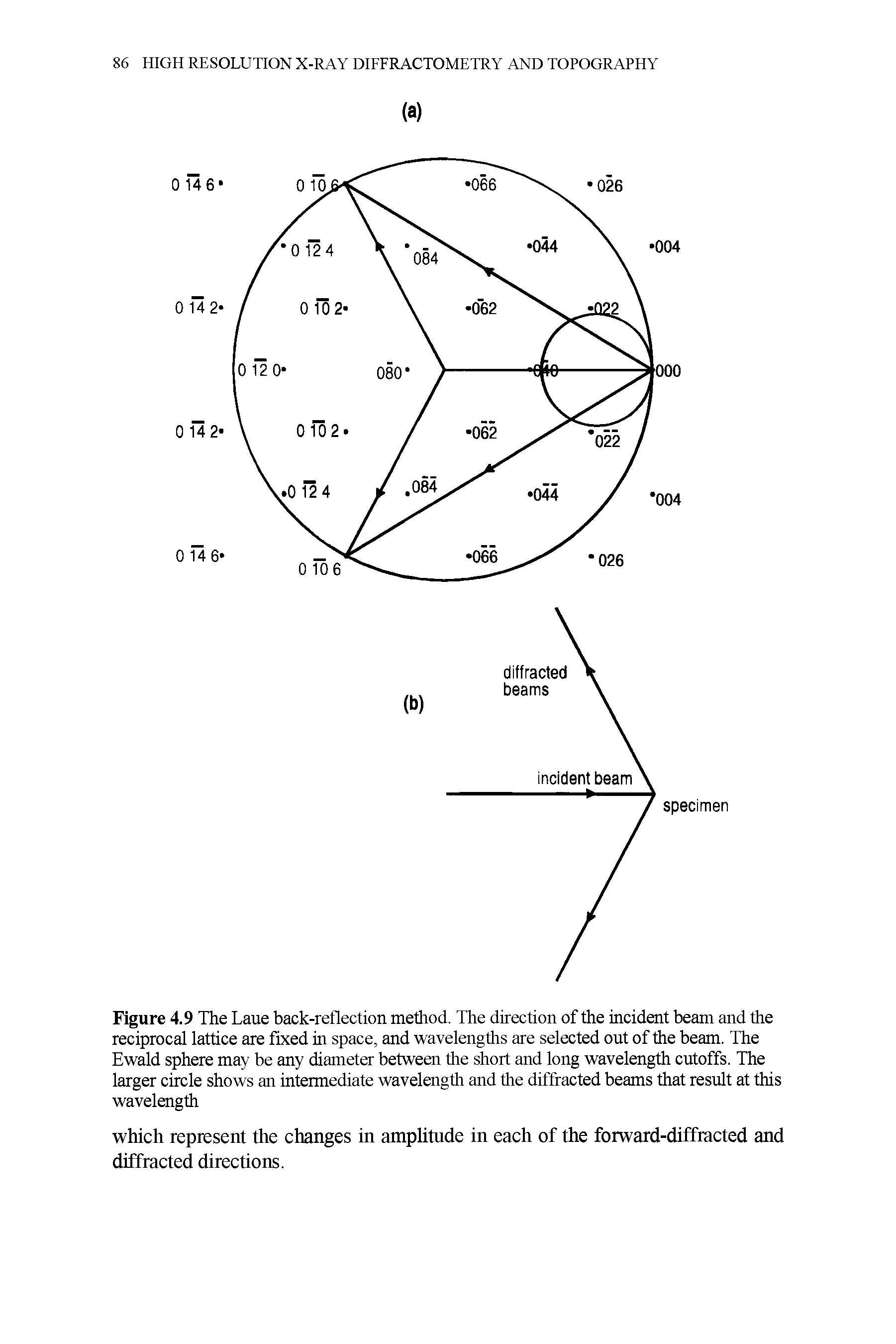 Figure 4.9 The Laue back-reflection method. The direction of the incident beam and the reciprocal lattice are fixed in space, and wavelengths are selected out of the beam. The Ewald sphere may be any diameter between the short and long wavelength cutoffs. The larger circle shows an intermediate wavelength and the diffracted beams that result at this wavelength...