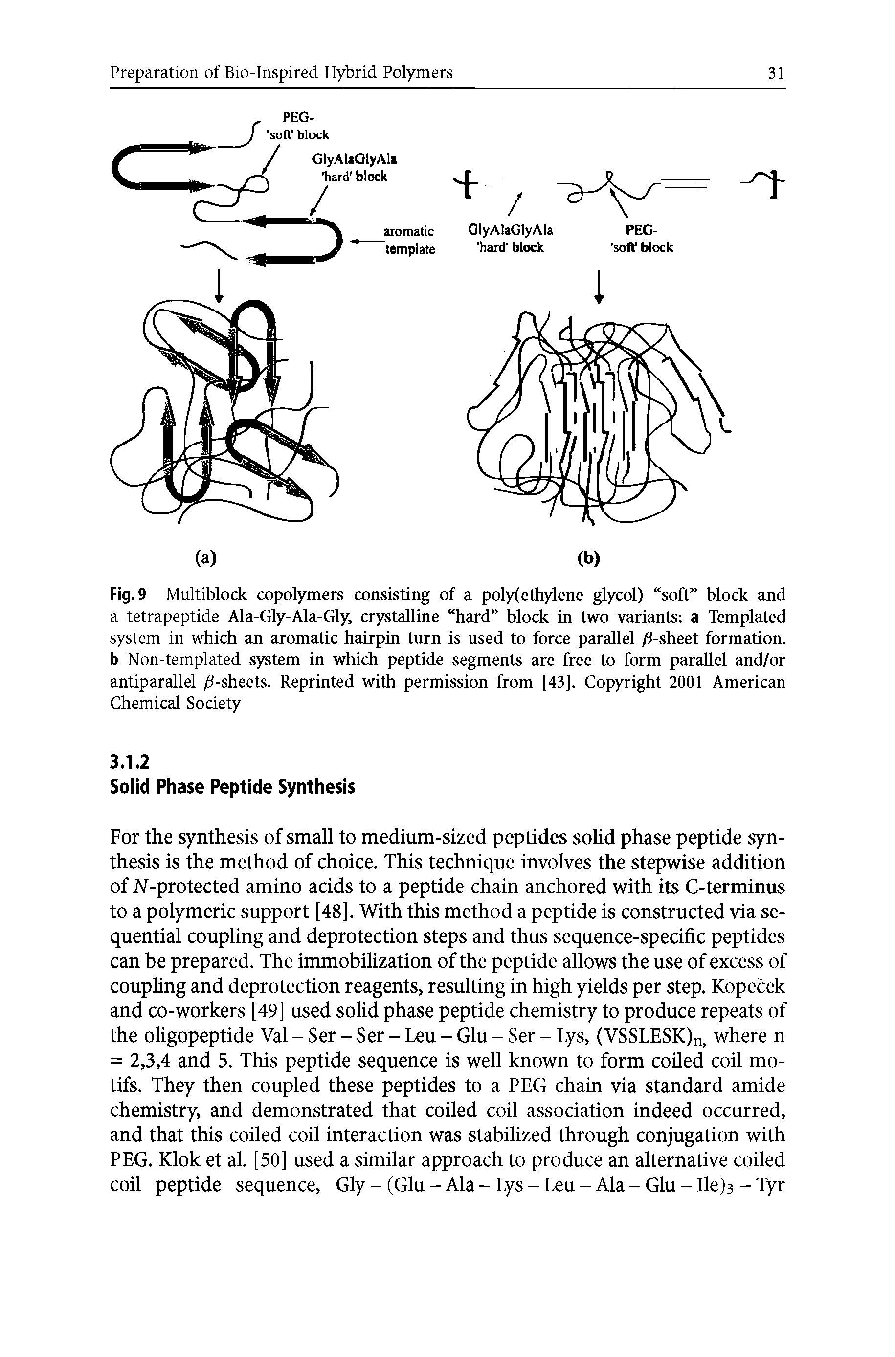 Fig. 9 Multiblock copolymers consisting of a poly(ethylene glycol) soft block and a tetrapeptide Ala-Gly-Ala-Gly, crystalline hard block in two variants a Templated system in which an aromatic hairpin turn is used to force parallel jS-sheet formation, b Non-templated system in which peptide segments are free to form parallel and/or antiparallel /1-sheets. Reprinted with permission from [43]. Copyright 2001 American Chemical Society...