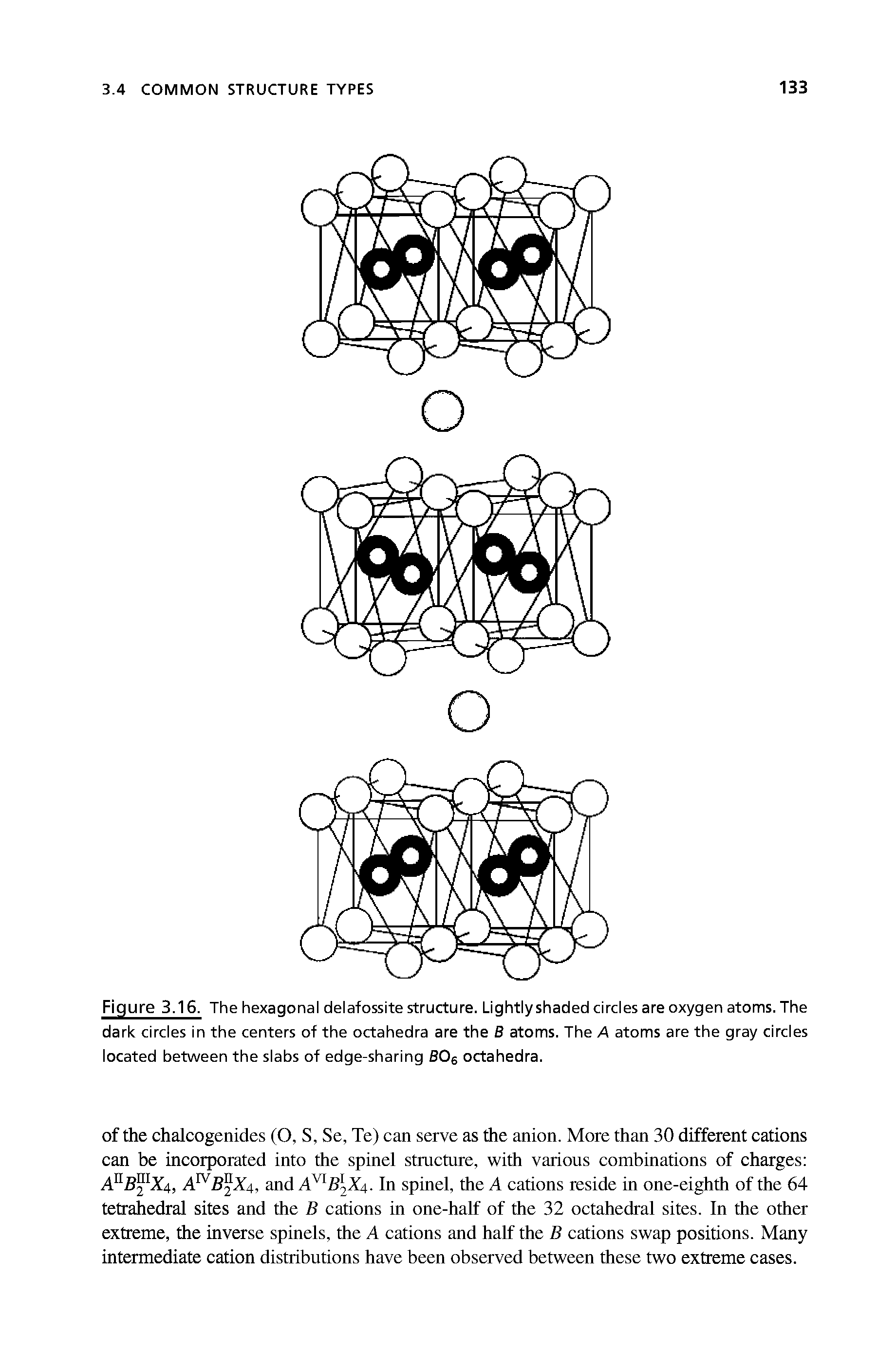 Figure 3.16. The hexagonal delafossite structure. Lightly shaded circles are oxygen atoms. The dark circles in the centers of the octahedra are the B atoms. The A atoms are the gray circles located between the slabs of edge-sharing SOg octahedra.