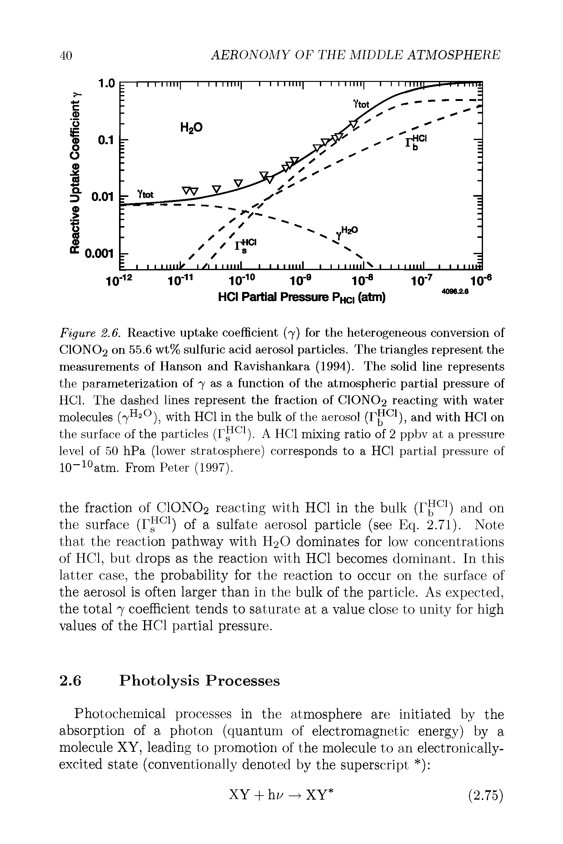 Figure 2.6. Reactive uptake coefficient (7) for the heterogeneous conversion of CIONO2 on 55.6 wt% sulfuric acid aerosol particles. The triangles represent the measurements of Hanson and Ravishankara (4994). The solid line represents the parameterization of 7 as a function of the atmospheric partial pressure of HC1. The dashed lines represent the fraction of CIONO2 reacting with water molecules (7H2°), with HC1 in the bulk of the aerosol (T C1), and with HC1 on the surface of the particles (T cl). A HC1 mixing ratio of 2 ppbv at a pressure level of 50 hPa (lower stratosphere) corresponds to a HC1 partial pressure of 10 10atm. From Peter (1997).