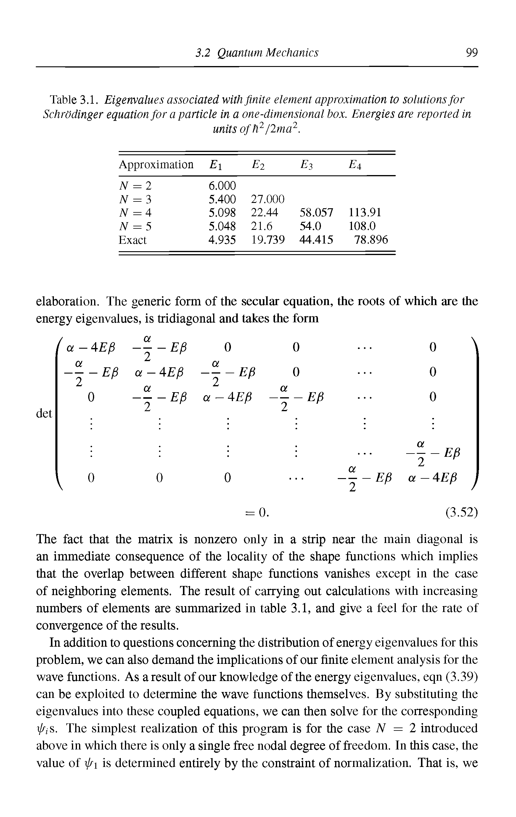 Table 3.1. Eigenvalues associated with finite element approximation to solutions for SchrOdinger equation for a particle in a one-dimensional box. Energies are reported in...