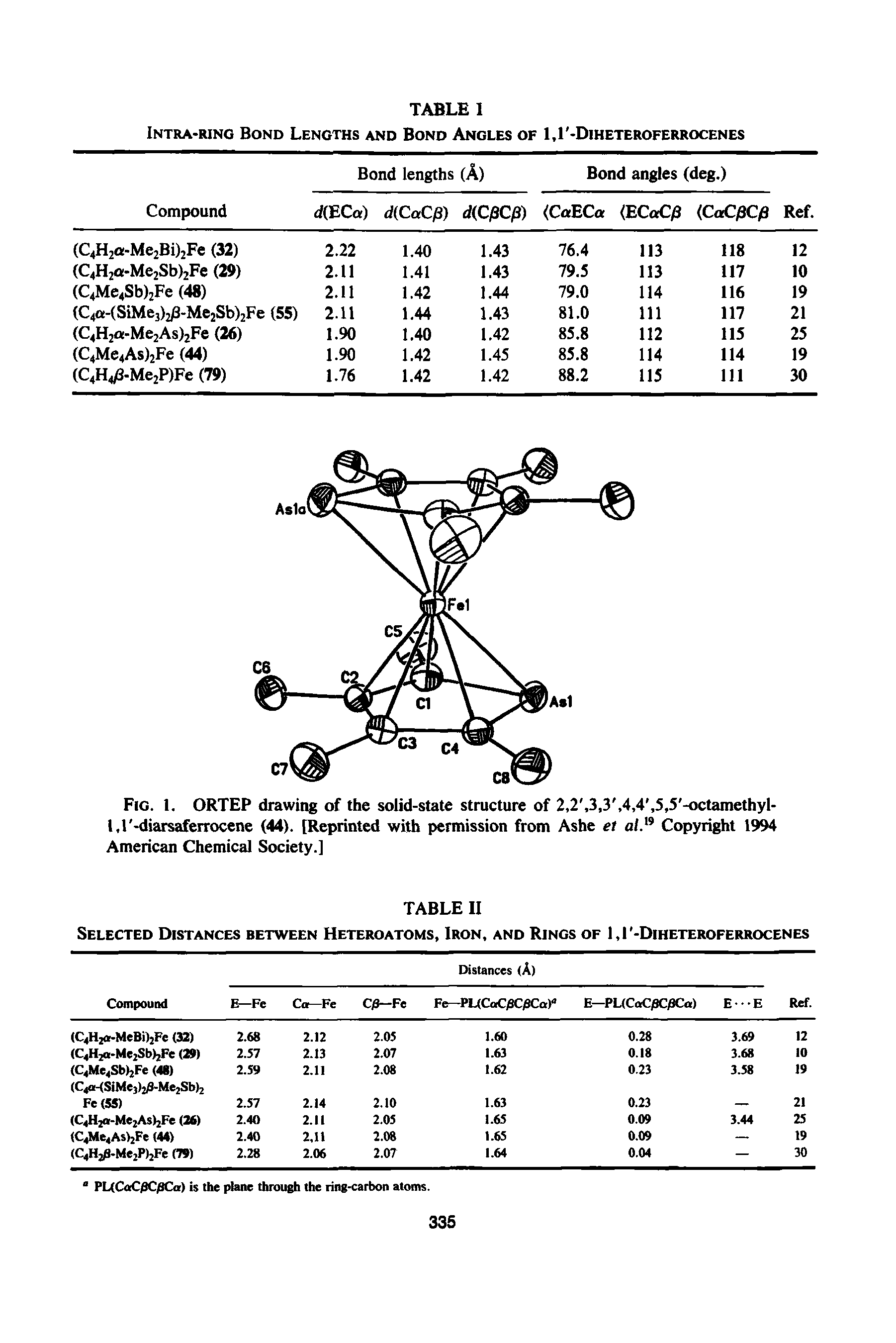 Fig. 1. ORTEP drawing of the solid-state structure of 2,2, 3,3, 4,4, 5,5 -octamethyl-Ll -diarsaferrocene (44). [Reprinted with permission from Ashe et al.19 Copyright 1994 American Chemical Society.]...